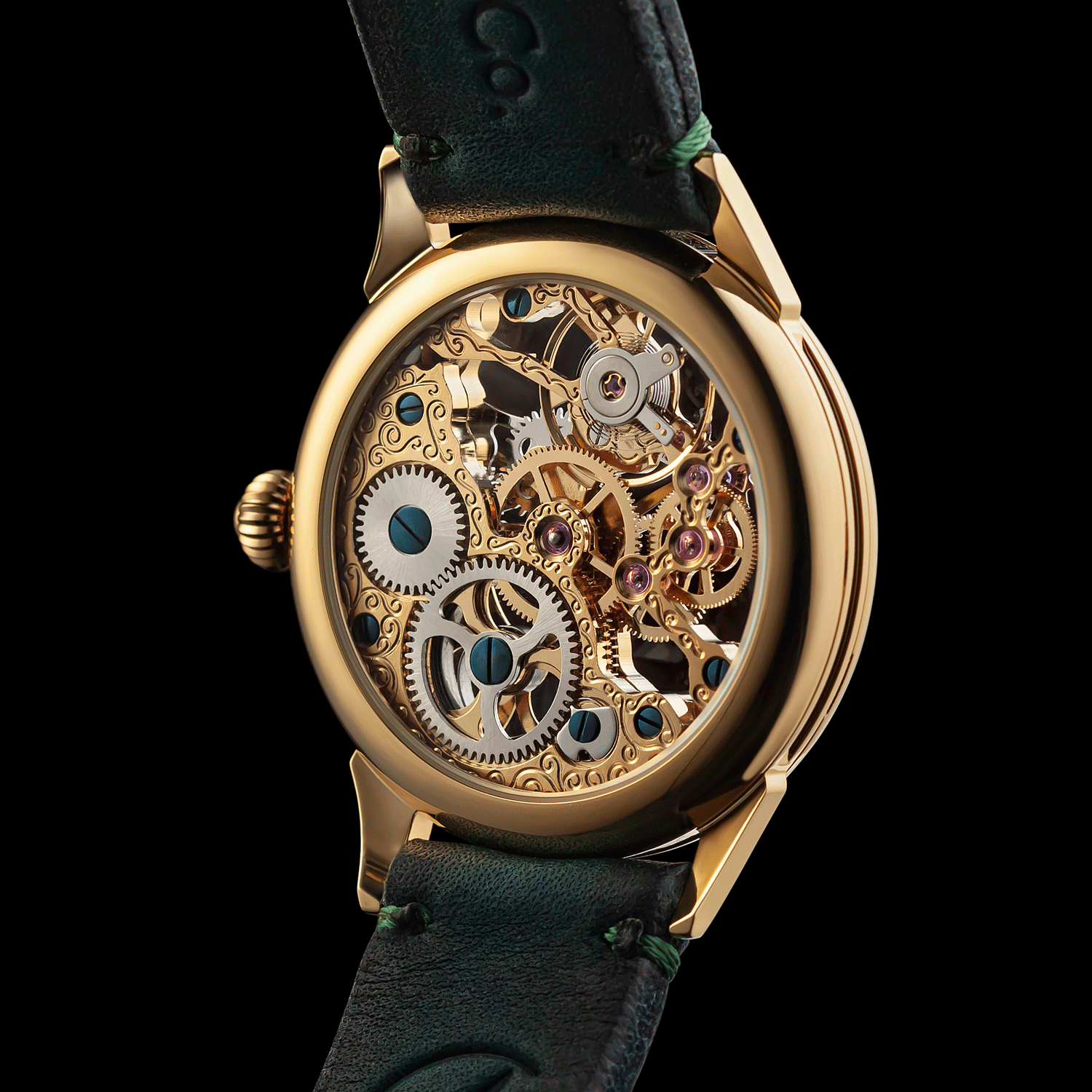 Skeleton mechanical watch with green leather strap on a black background