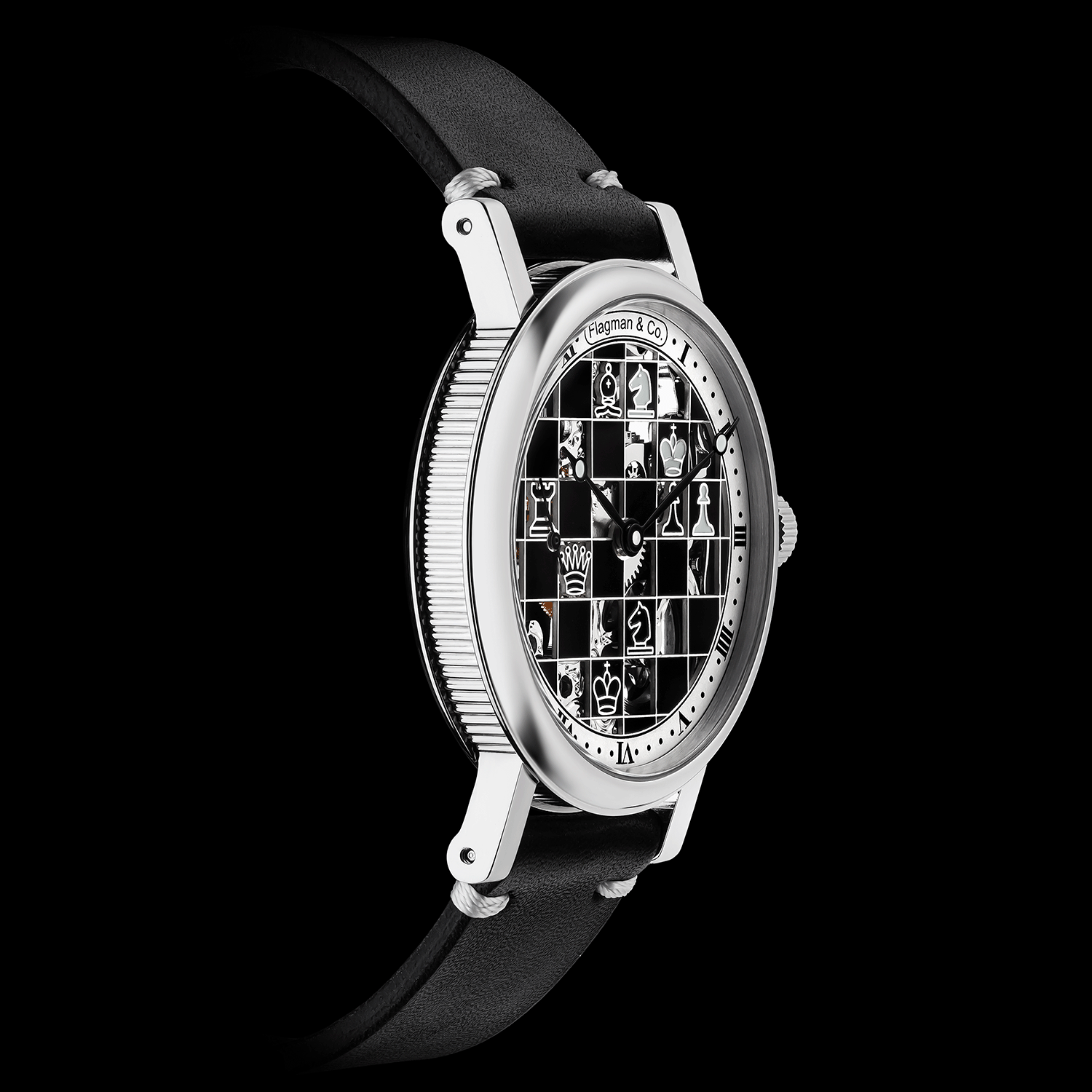 Front view detail of checkmate handmade skeleton watch