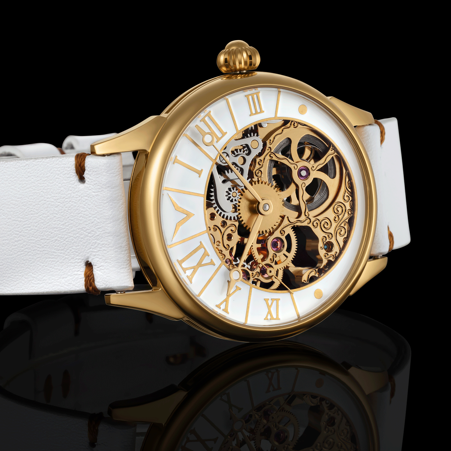 Skeleton wristwatch with white face and leather strap on a black background