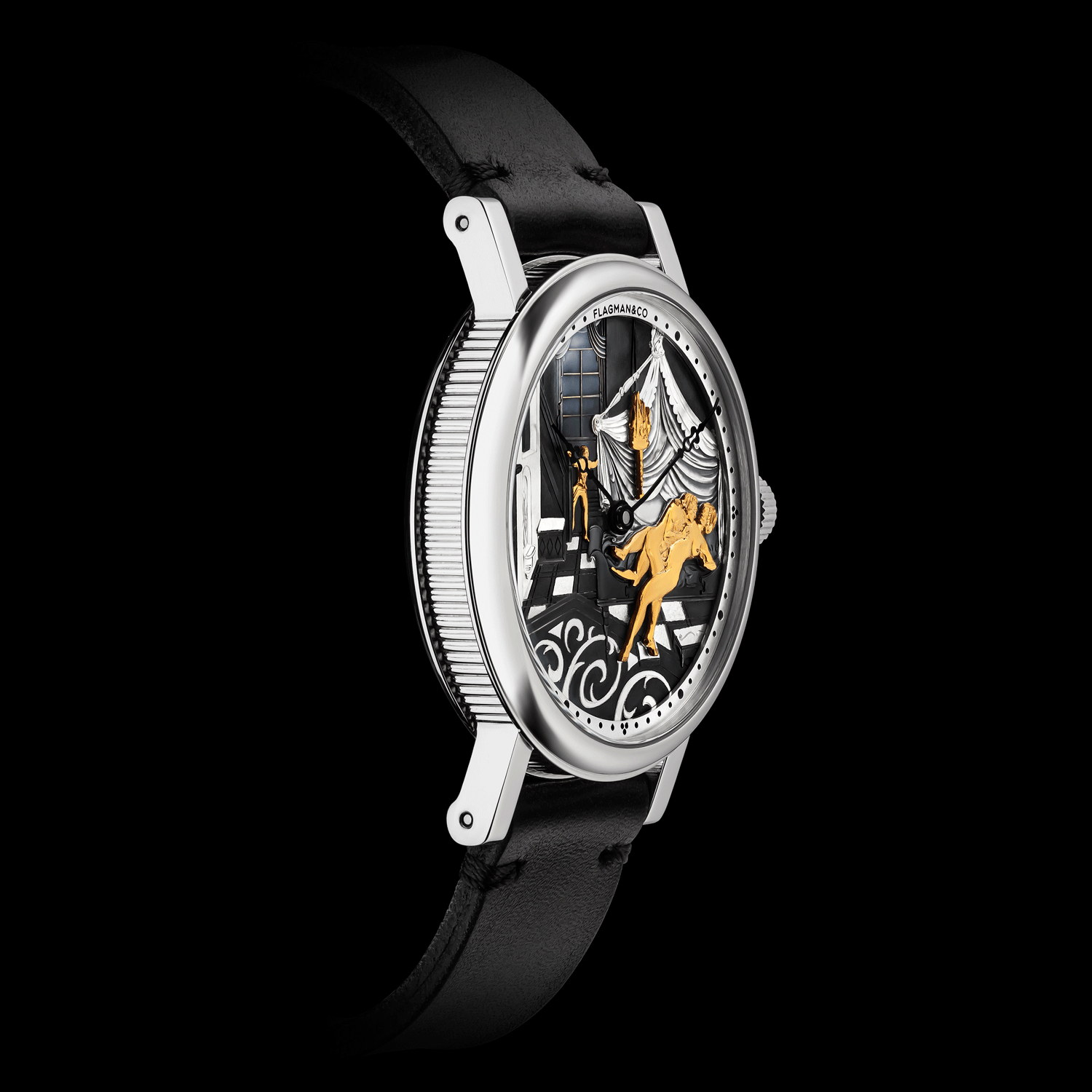 Artisan watch with intricate design on a black background