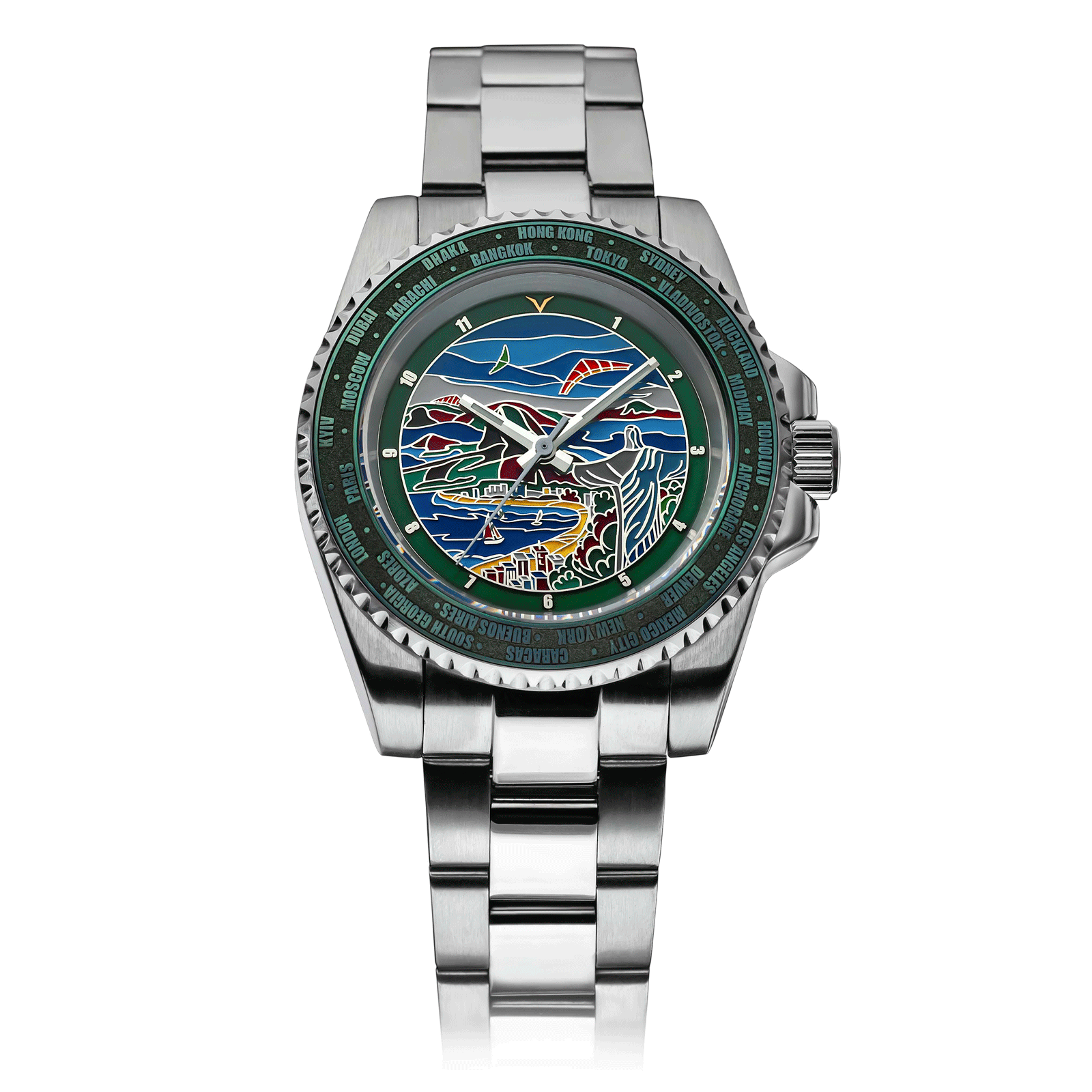 Art Deco watch with a colorful face on a white background #color_silver