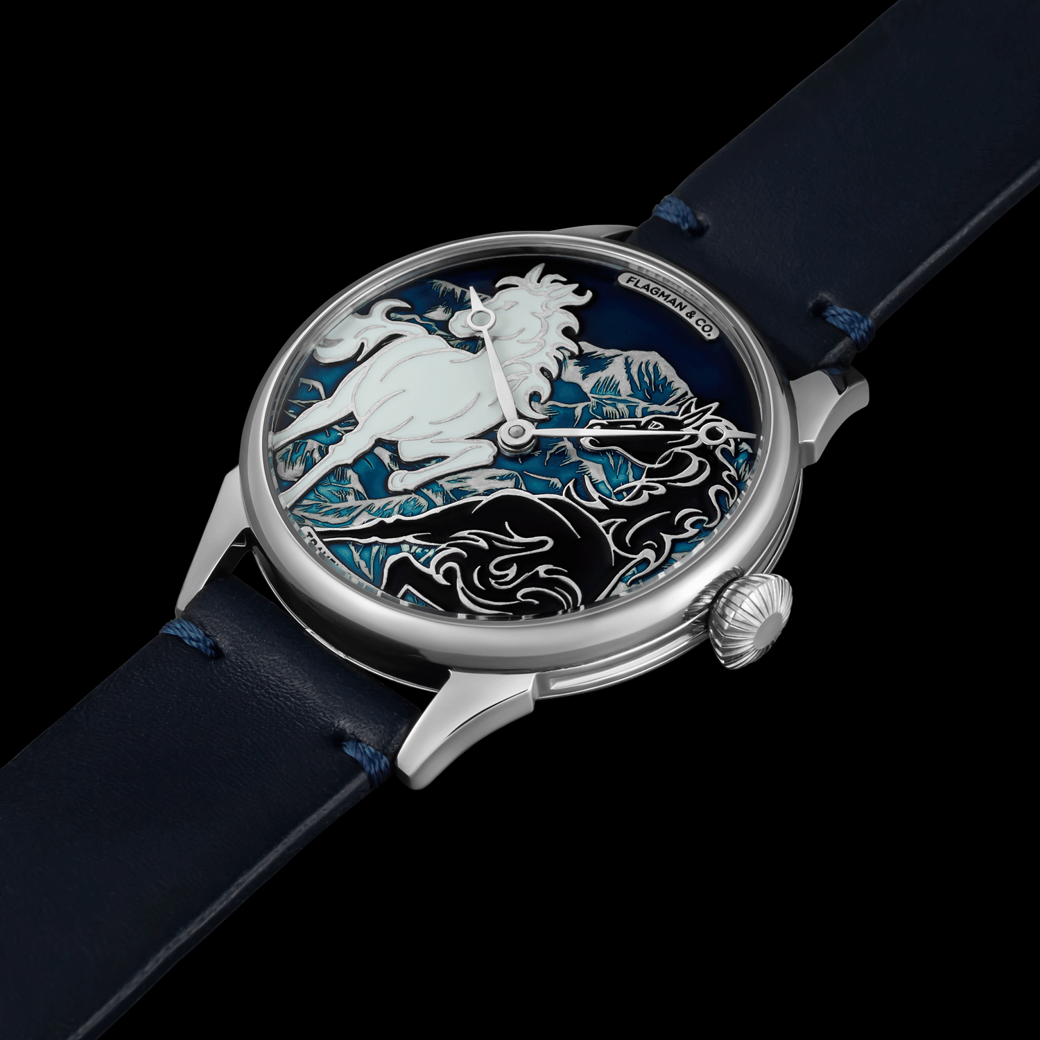 Art deco watch with intricate design on the dial against a black background