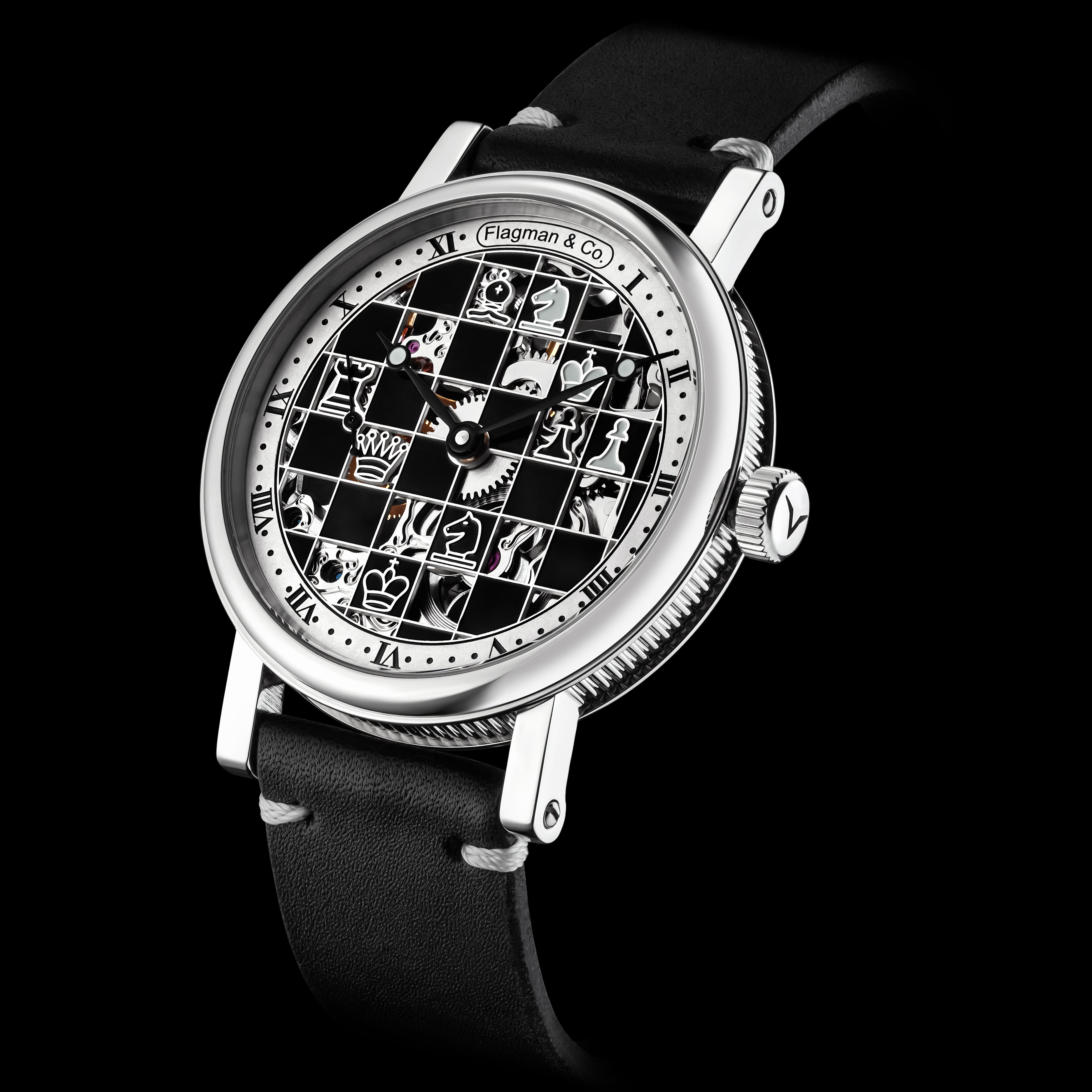 Luxury watch with unique face design on a black background