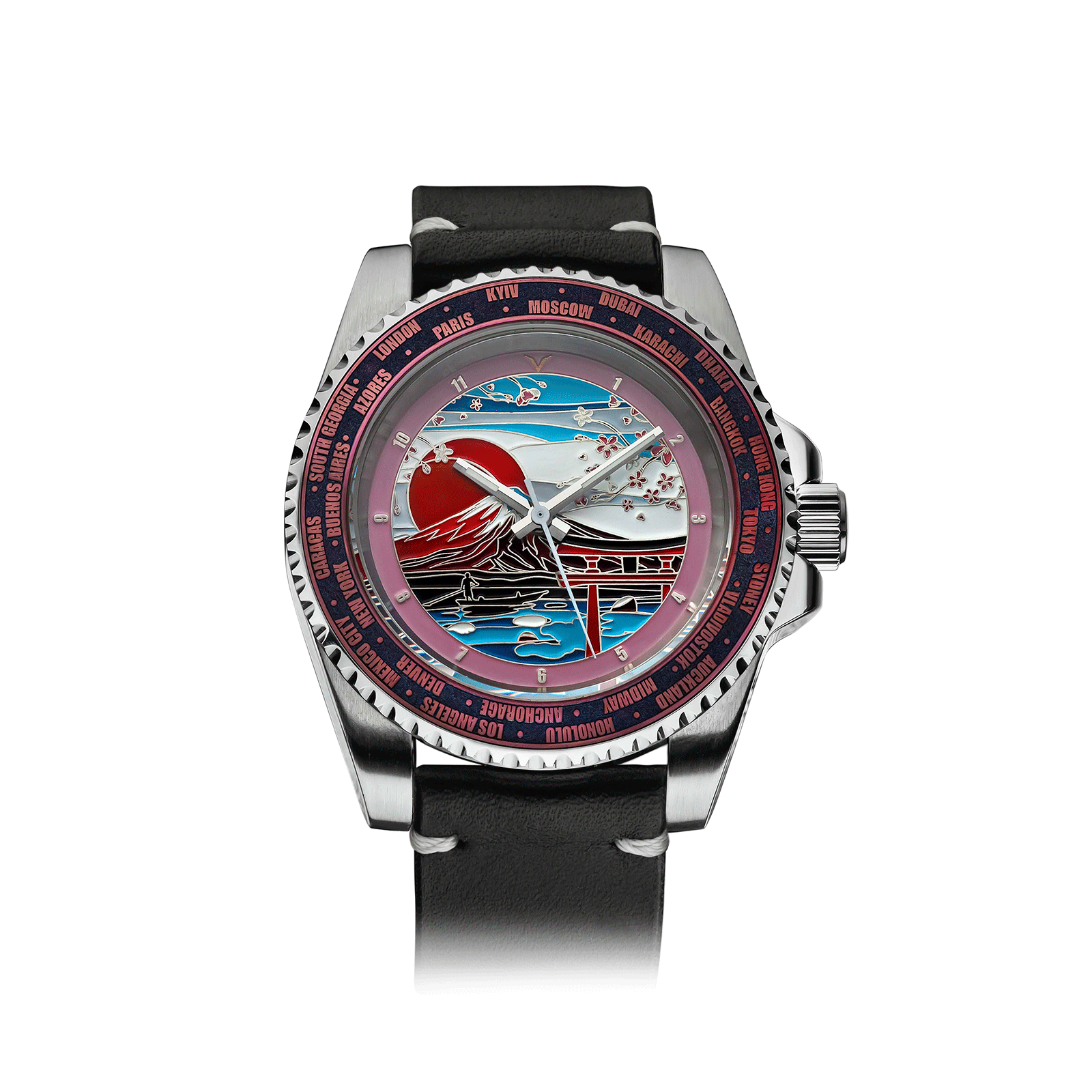 Mechanical Watch with a unique design on the dial against a white background #color_black