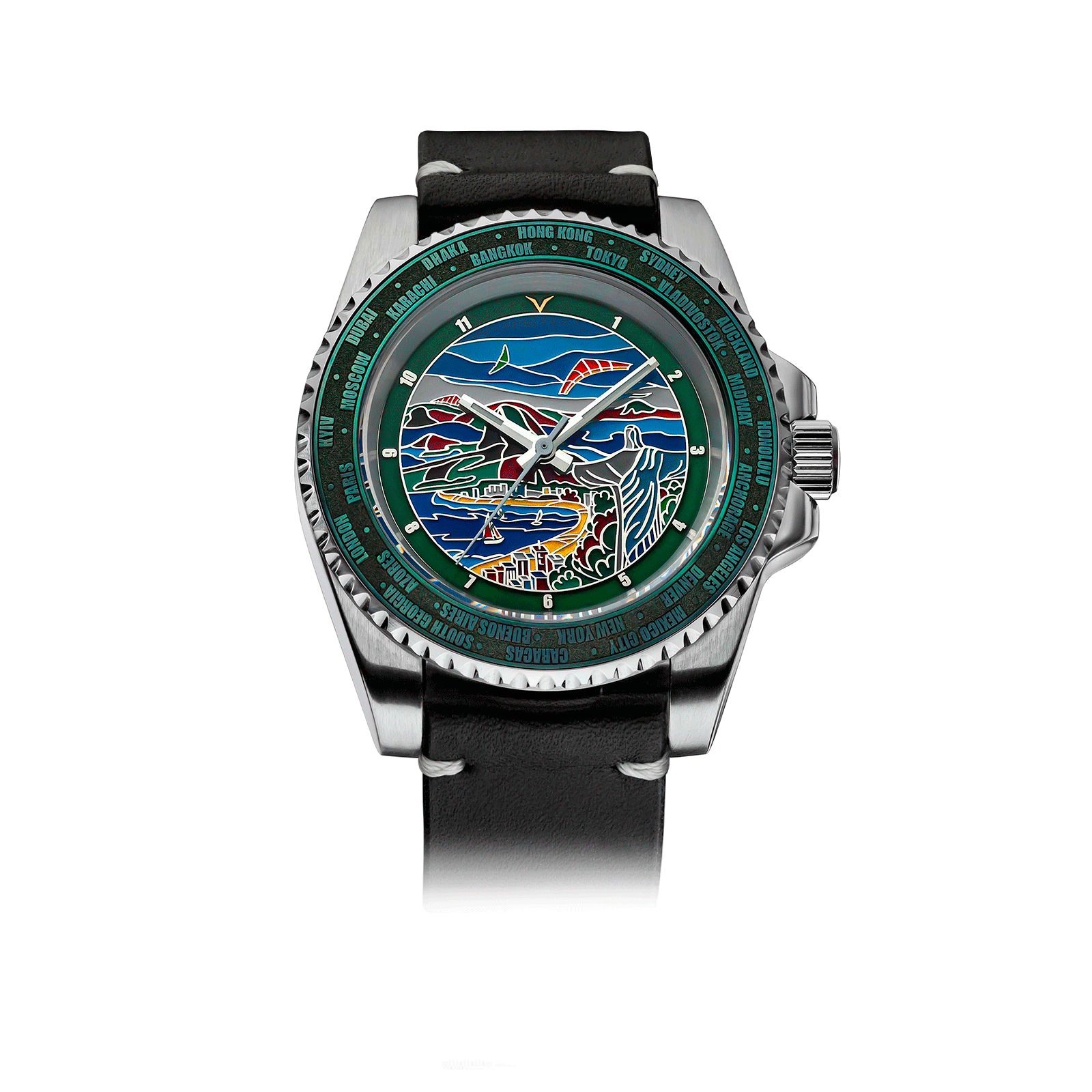 Artisan Watch with a colorful face and black strap on a white background #color_black