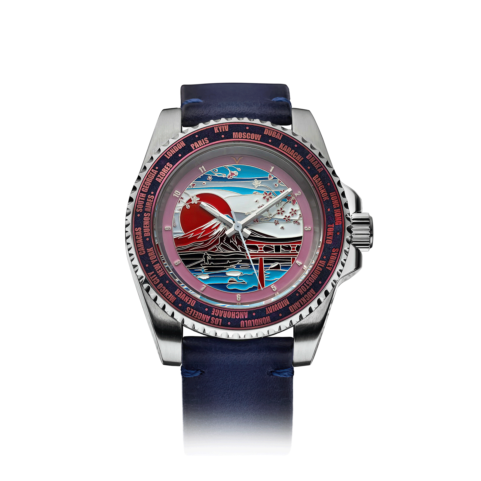 Handmade Watch with a detailed face and blue strap on a white background #color_blue