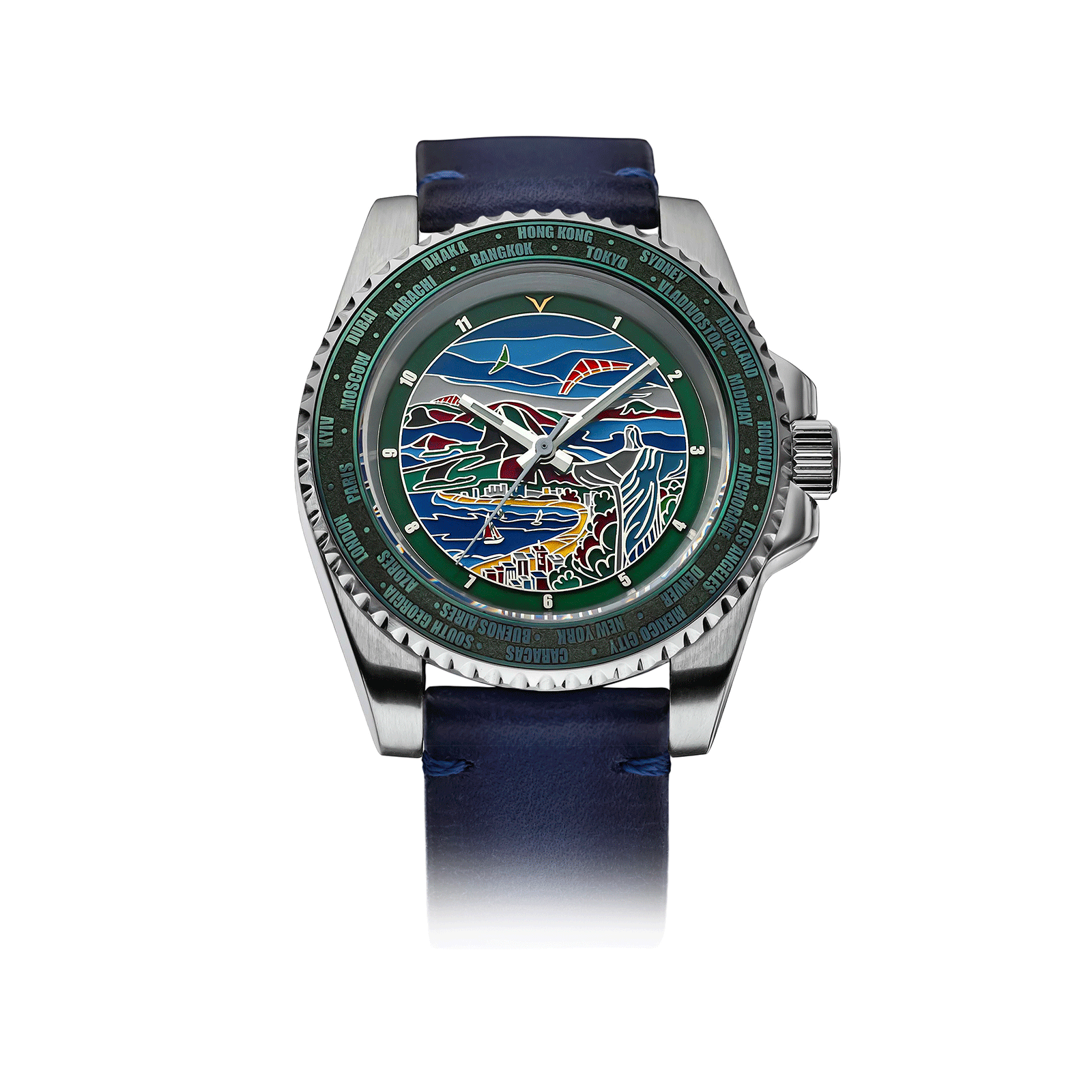 Handmade Watch with a colorful face and blue strap on a white background #color_blue