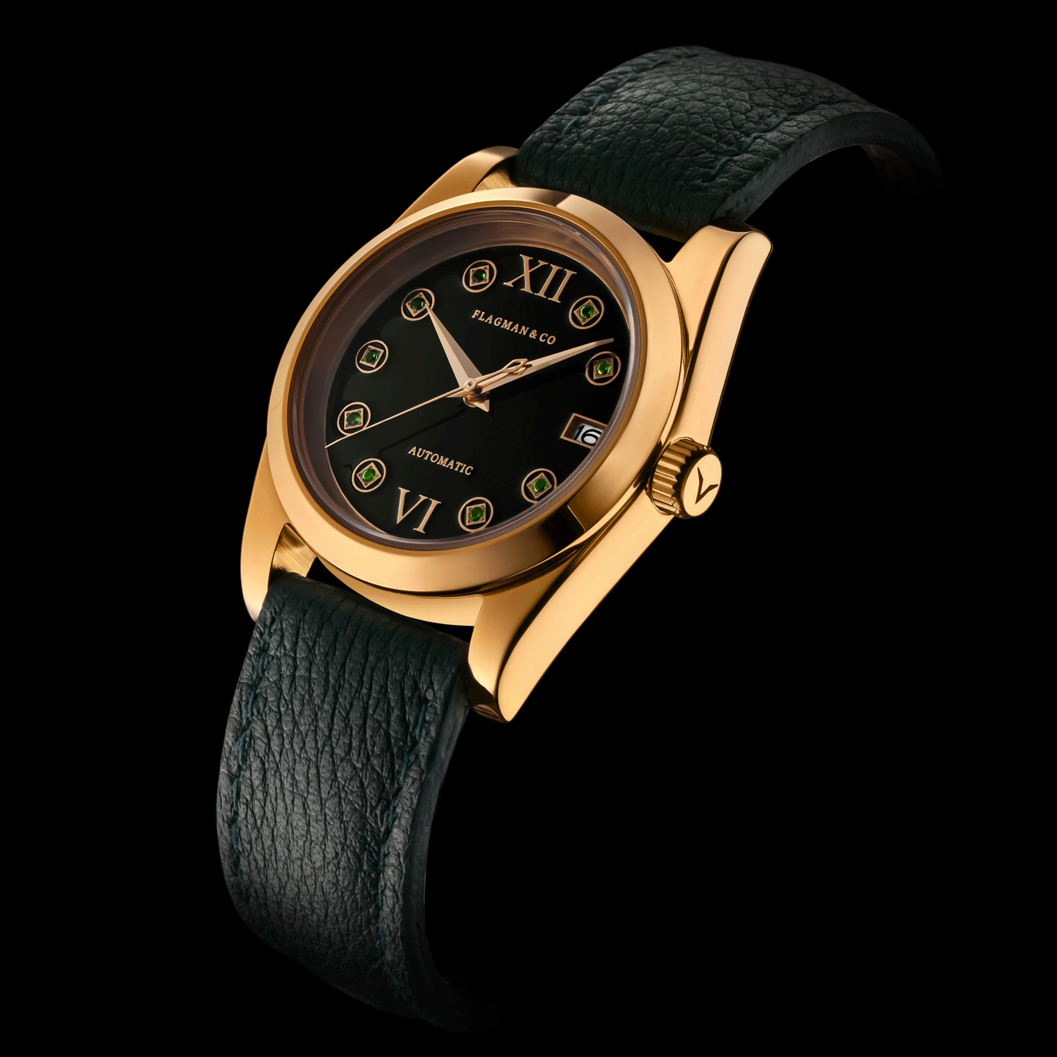 Gold watch with a black leather strap on a black background