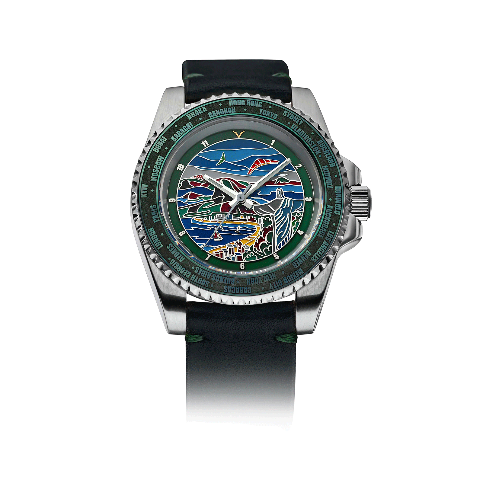 Automatic Watch with a colorful face and black strap on a white background #color_green