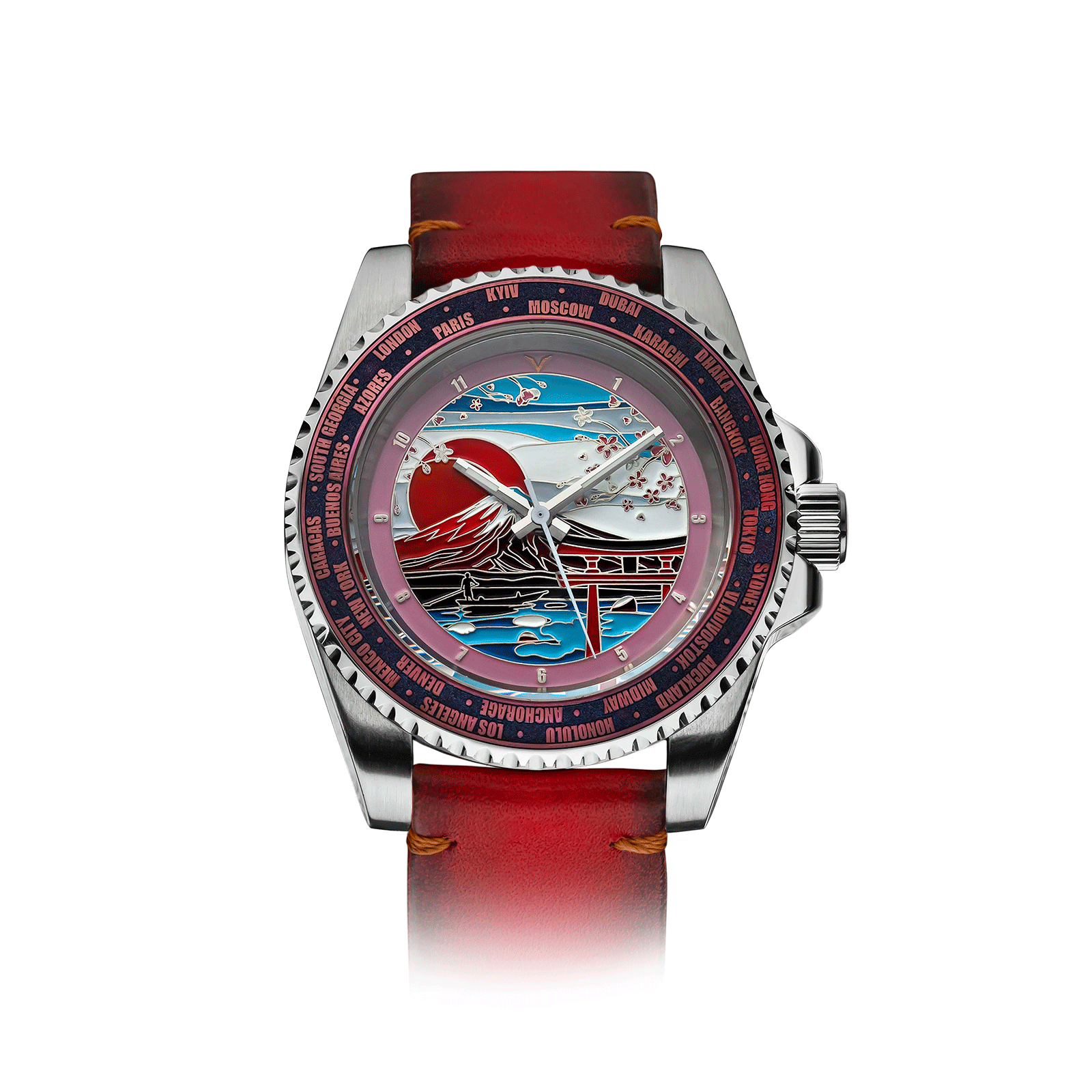 Artisan Watch with a red strap and detailed face on a white background #color_red