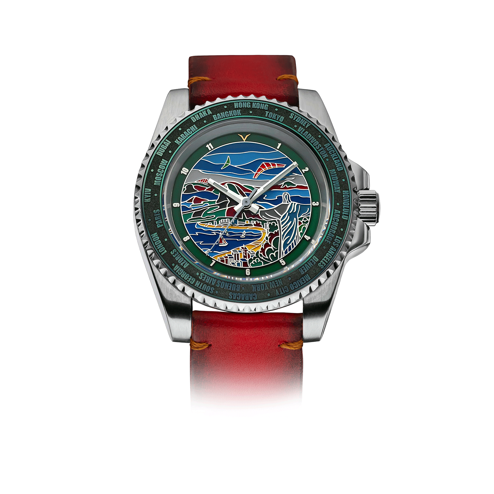 Mens Watch with a colorful face and red strap on a white background #color_red