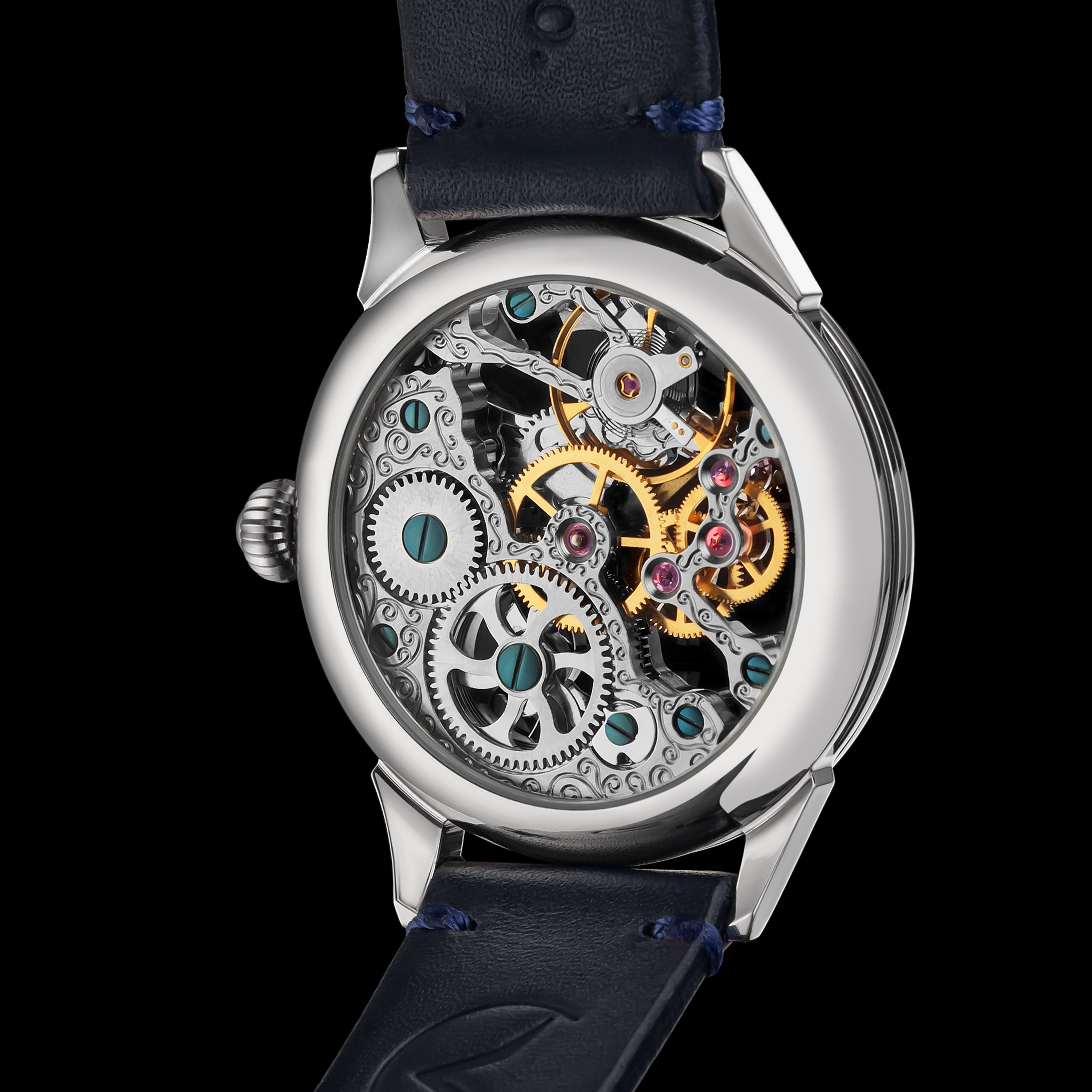 Watch with visible mechanical components on a black background