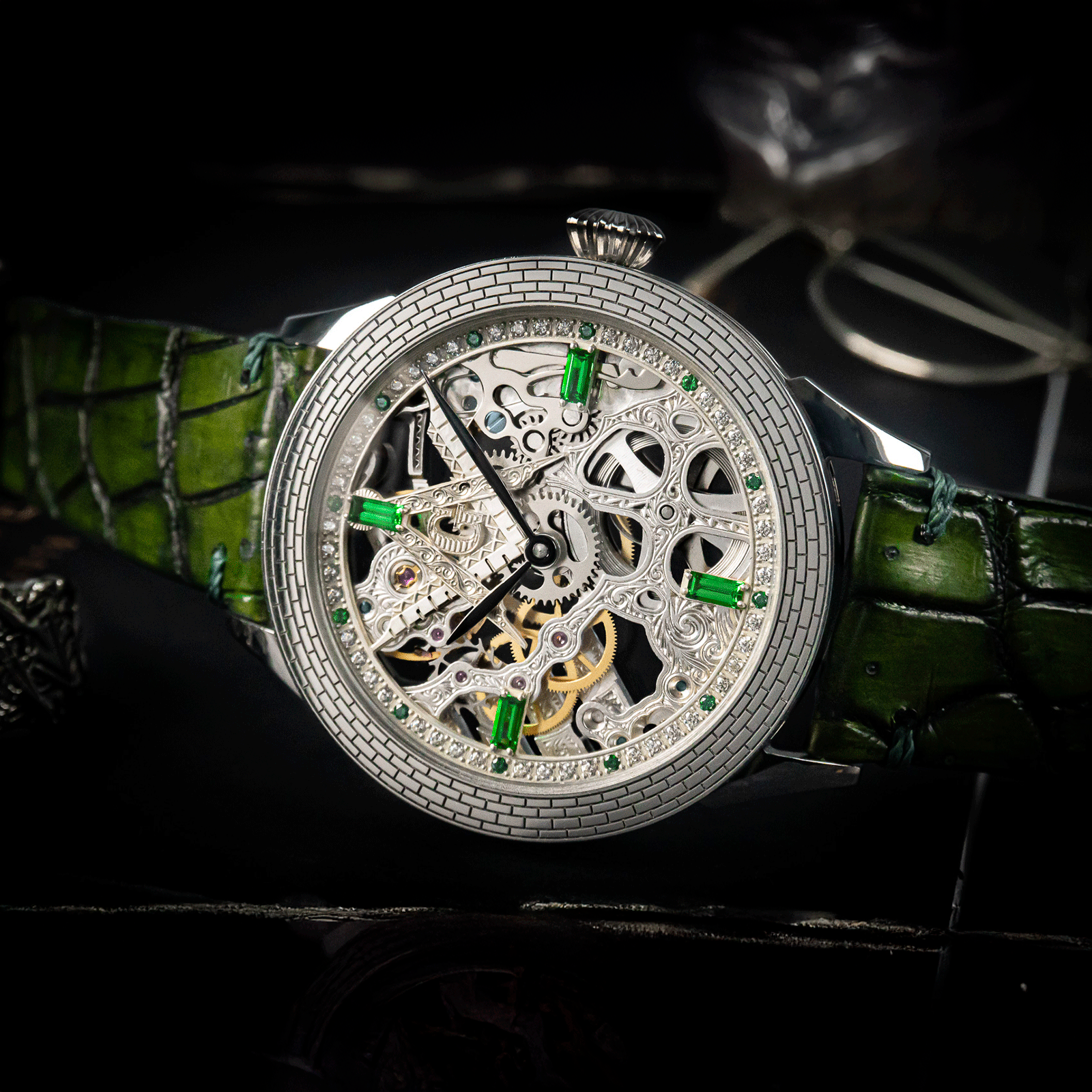Skeleton watch with green accents on a dark background