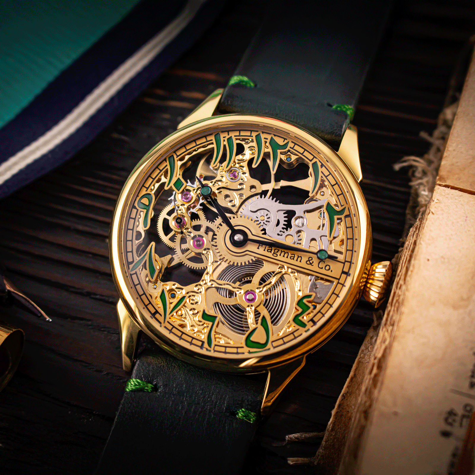 Lifestyle photo of Arabic Emerald watch in handmade watch – Skeleton watch