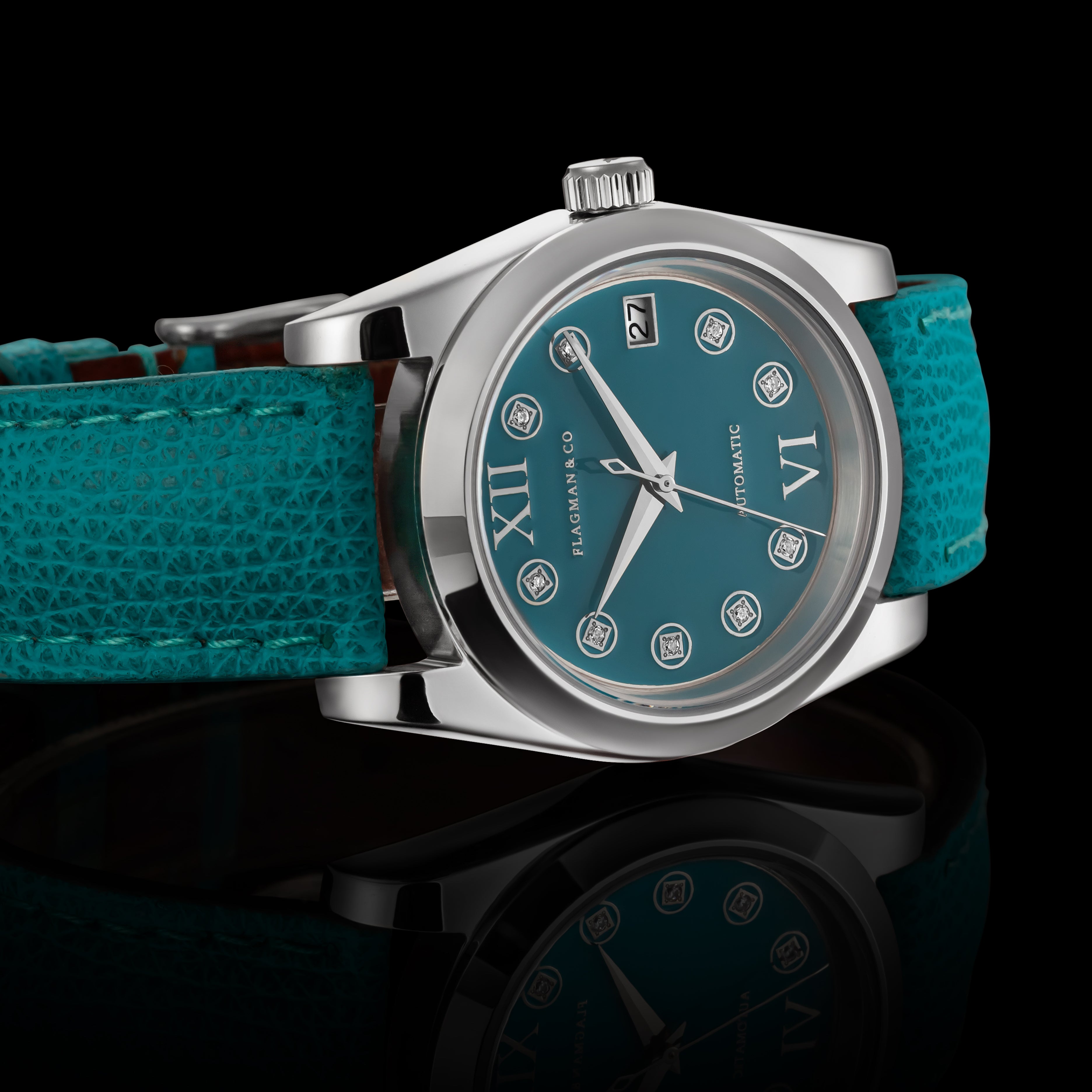 light-blue Safian handmade leather strap on Automatic Mechanical Watch