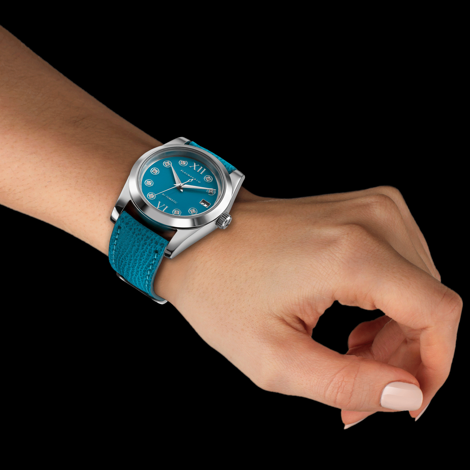 Front view of handmade watch worn on women wrist - Lumine Azure