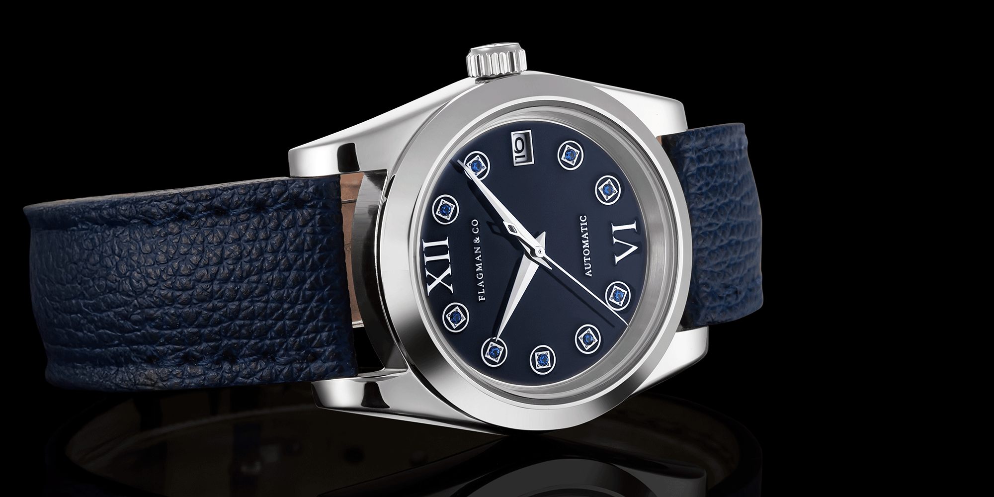 Close-up of womens handmade mechanical watch, with crown - Lumine Blue