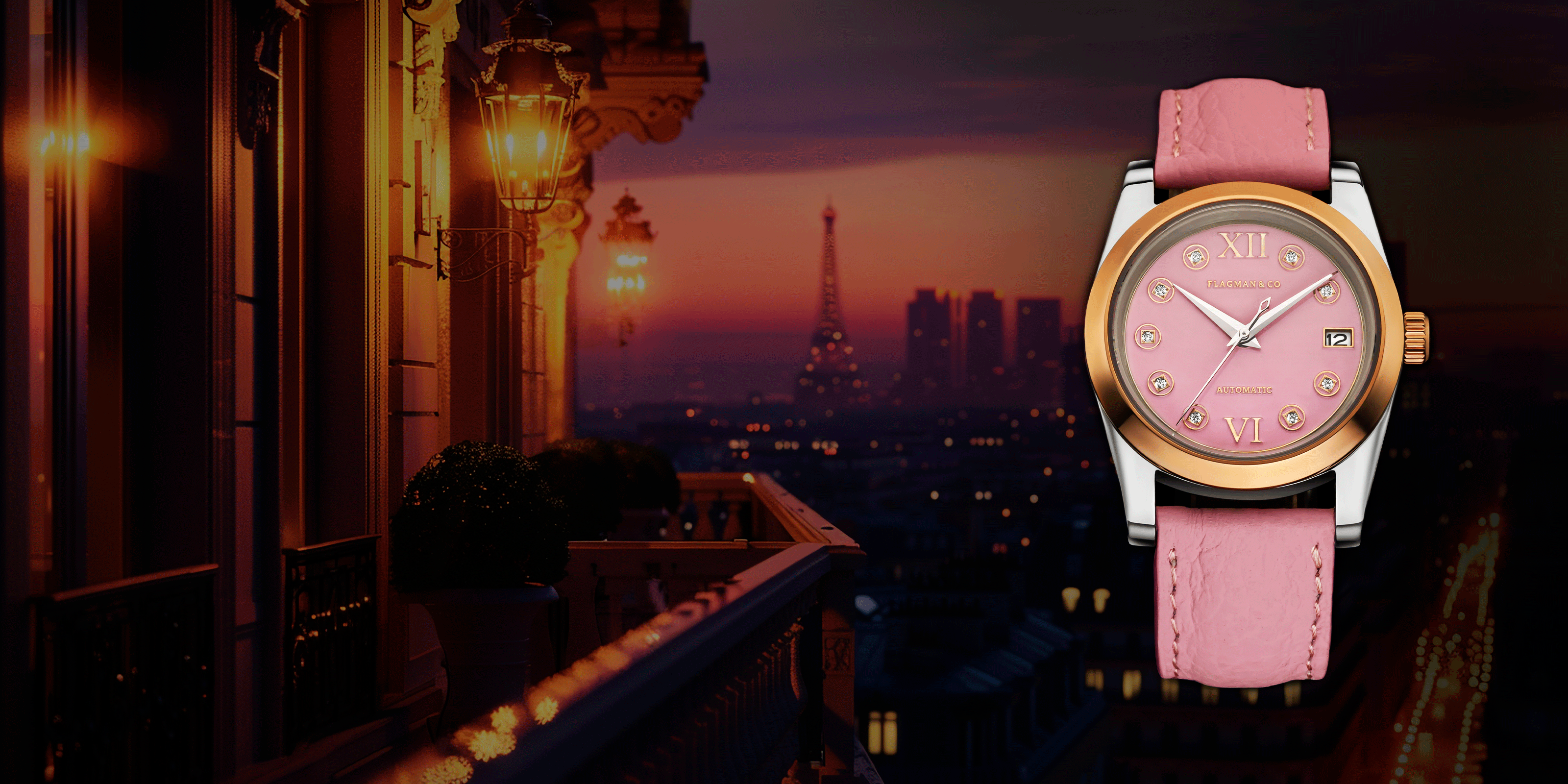 Desktop banner for the Lumine collection featuring handcrafted luxury women's watches with elegant design
