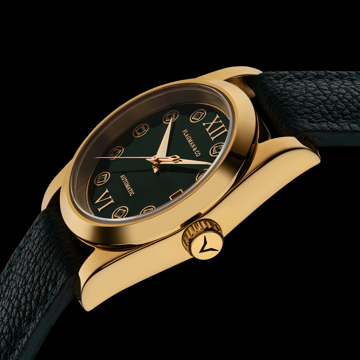 Detailed side view of Lumine Green Handmade watch from crown side