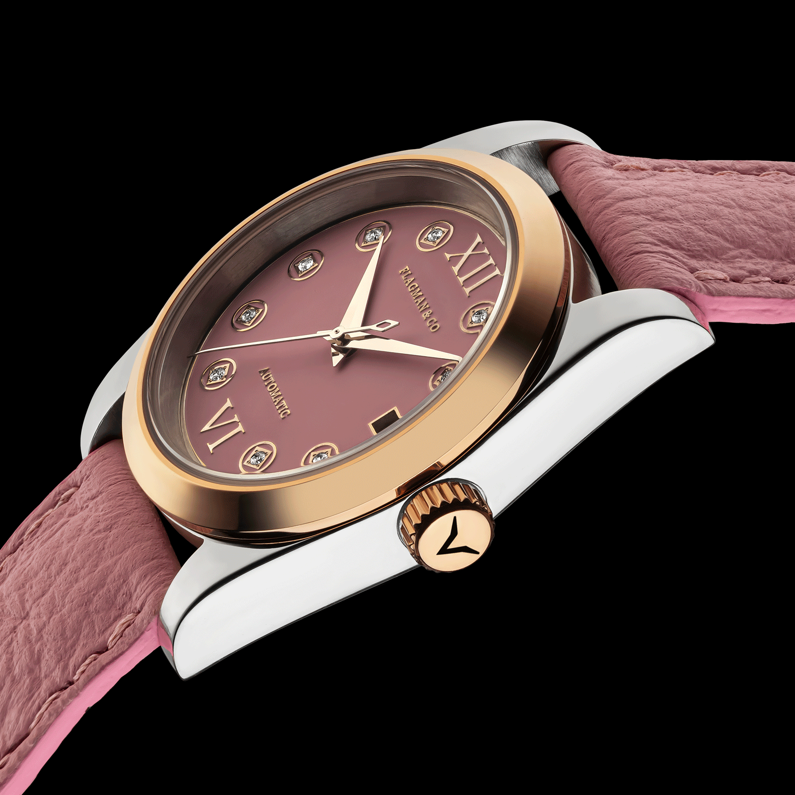 Detailed Front view of Lumine Pink Handmade watch from crown side
