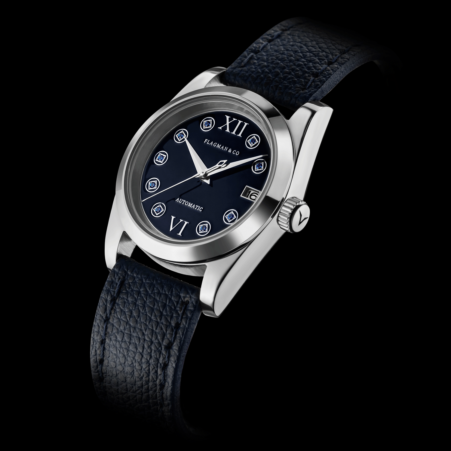 Womens watch with blue dial and leather strap on a black background