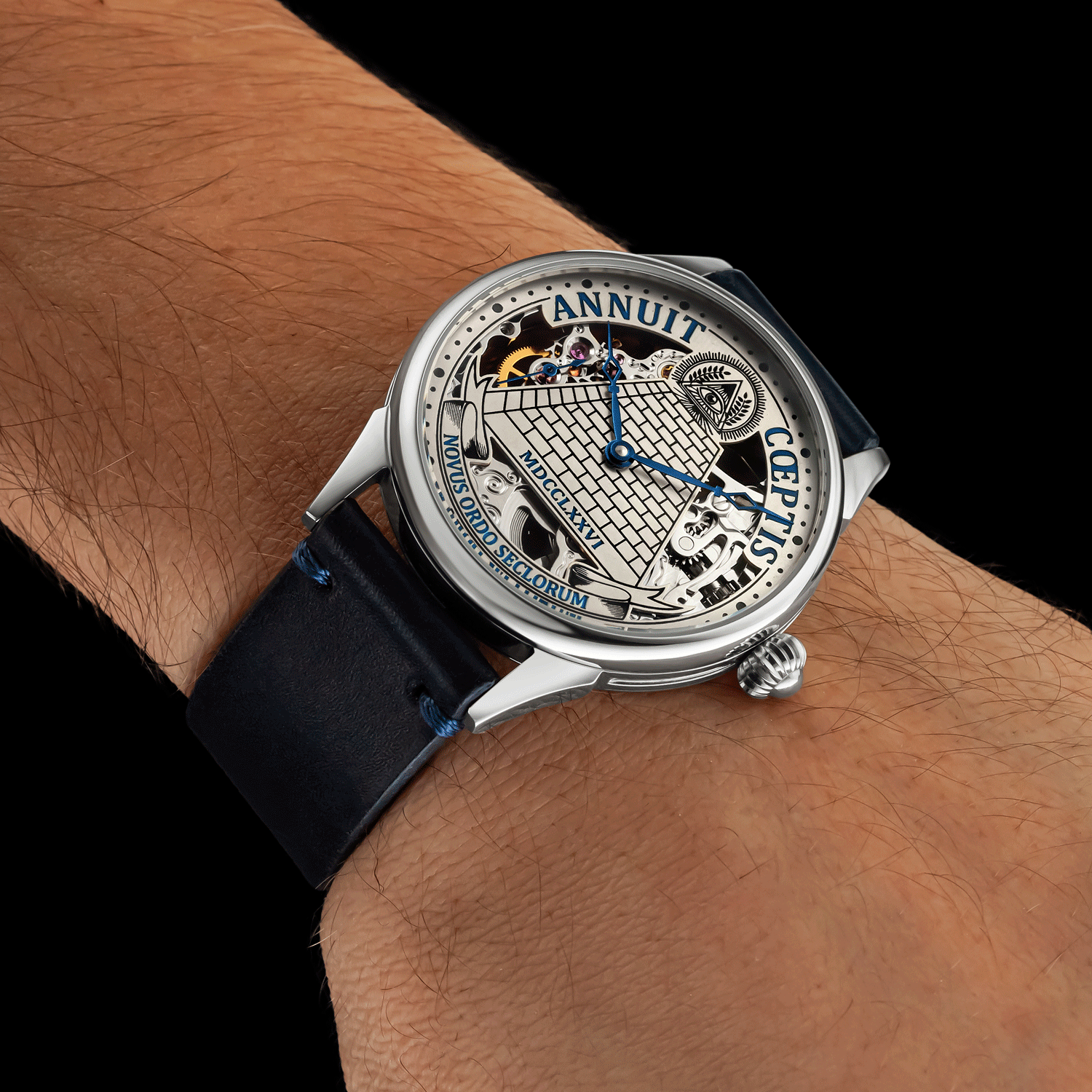 Front view of skeleton masonic watch - Masonic Lodge, worn on mens wrist