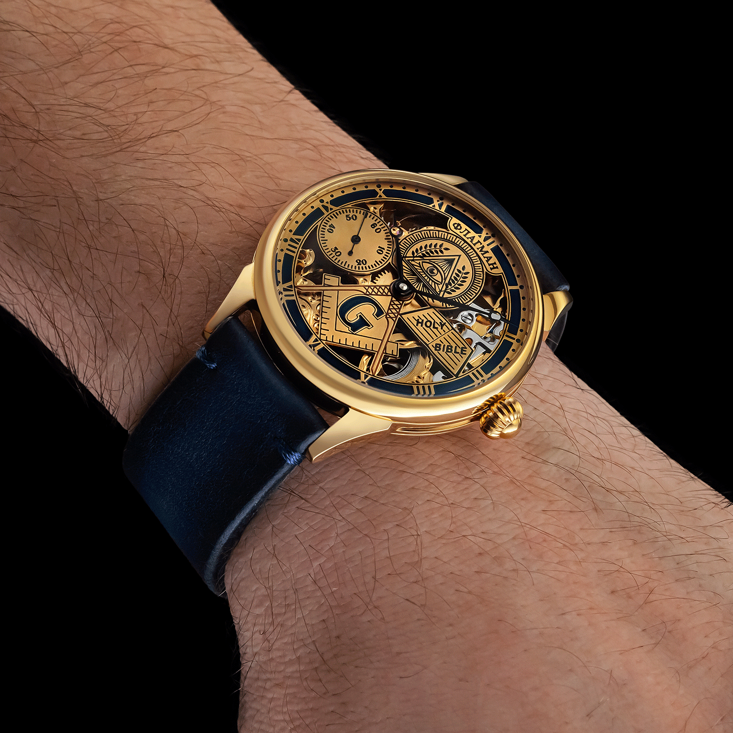 Front view of skeleton watch worn on wrist