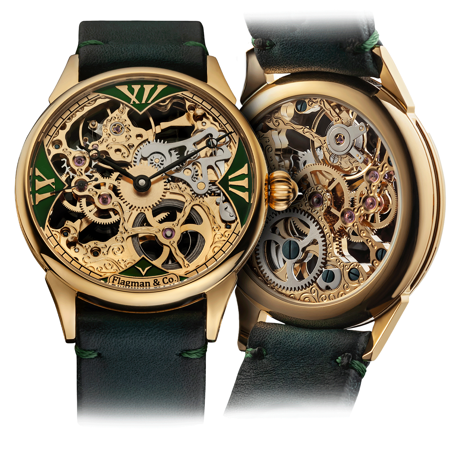 Front and back view of a skeleton watch from the Masterpiece collection, highlighting detailed dial design.