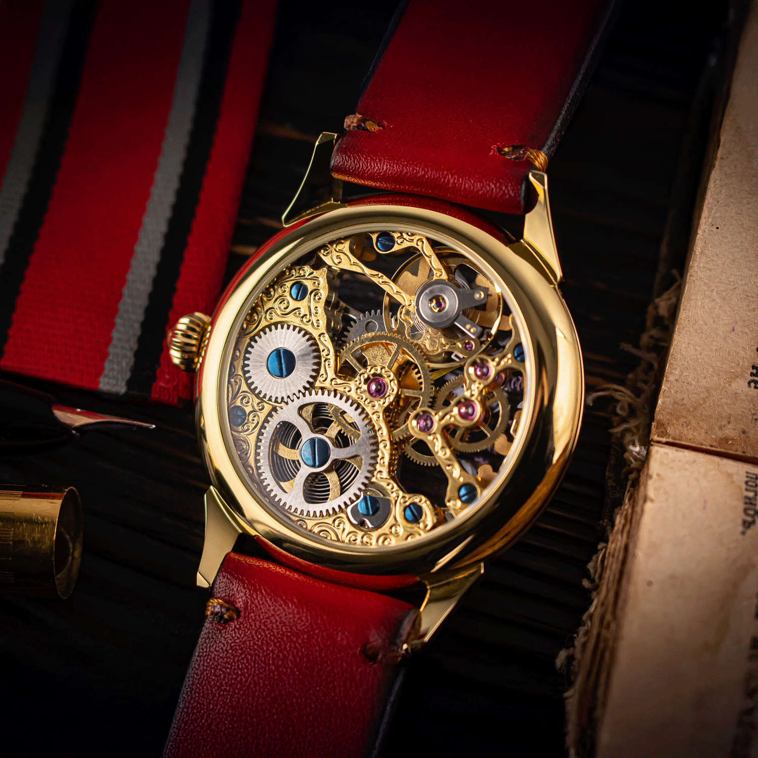 Skeleton mechanical watch with visible gears on a dark background