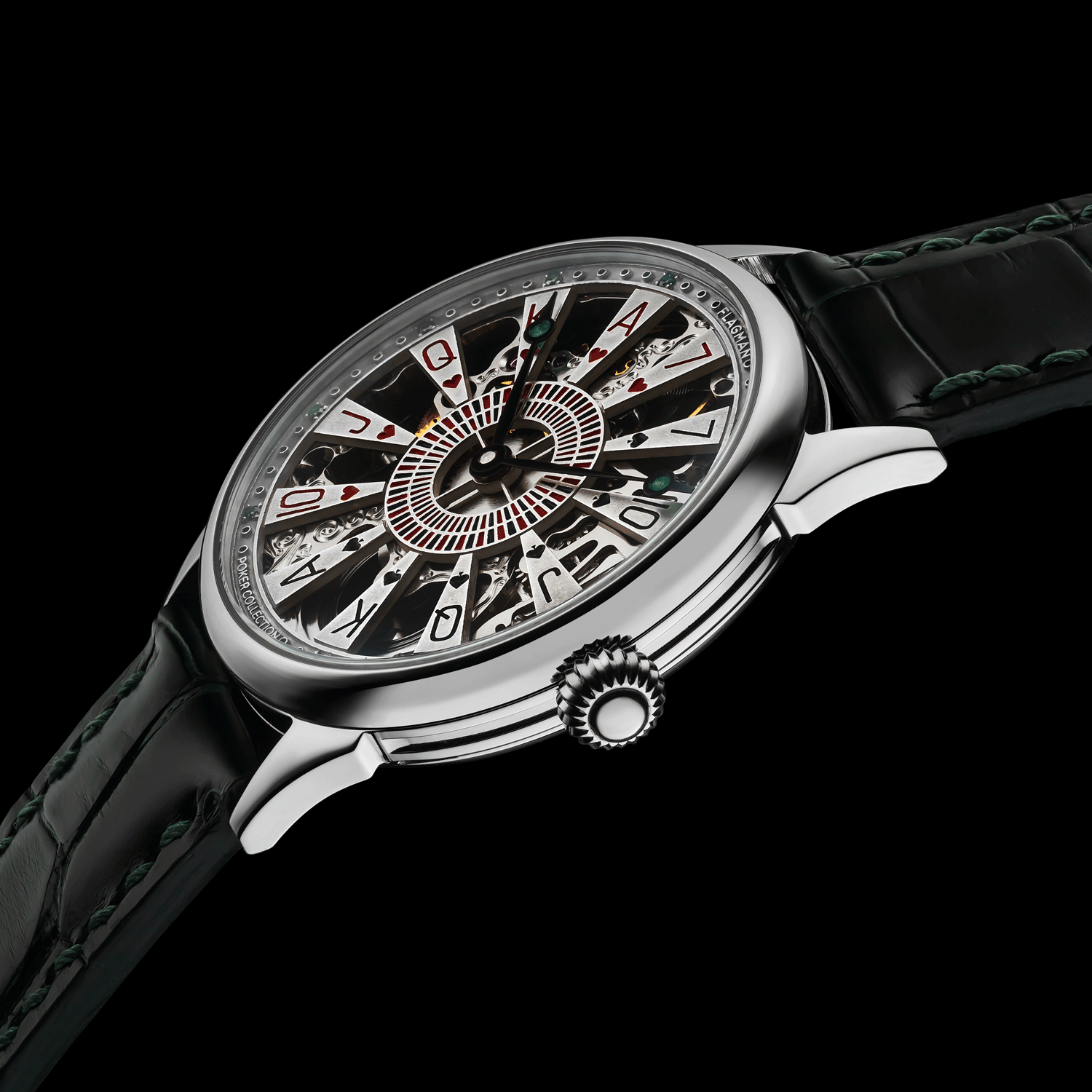 Front view detail of Card Aethetics casino skeleton watch