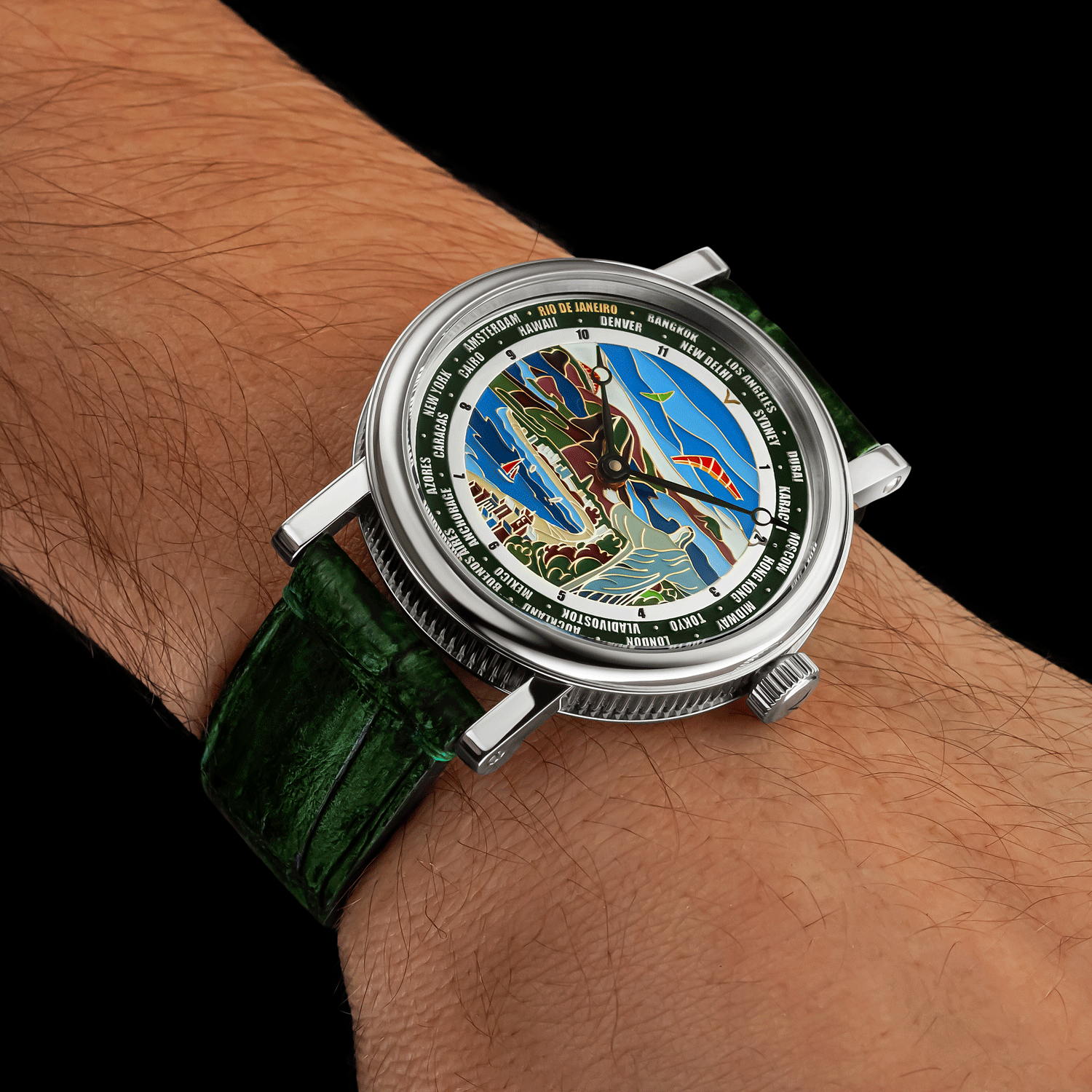 Mechanical Watch with a detailed face on a wrist against a black background