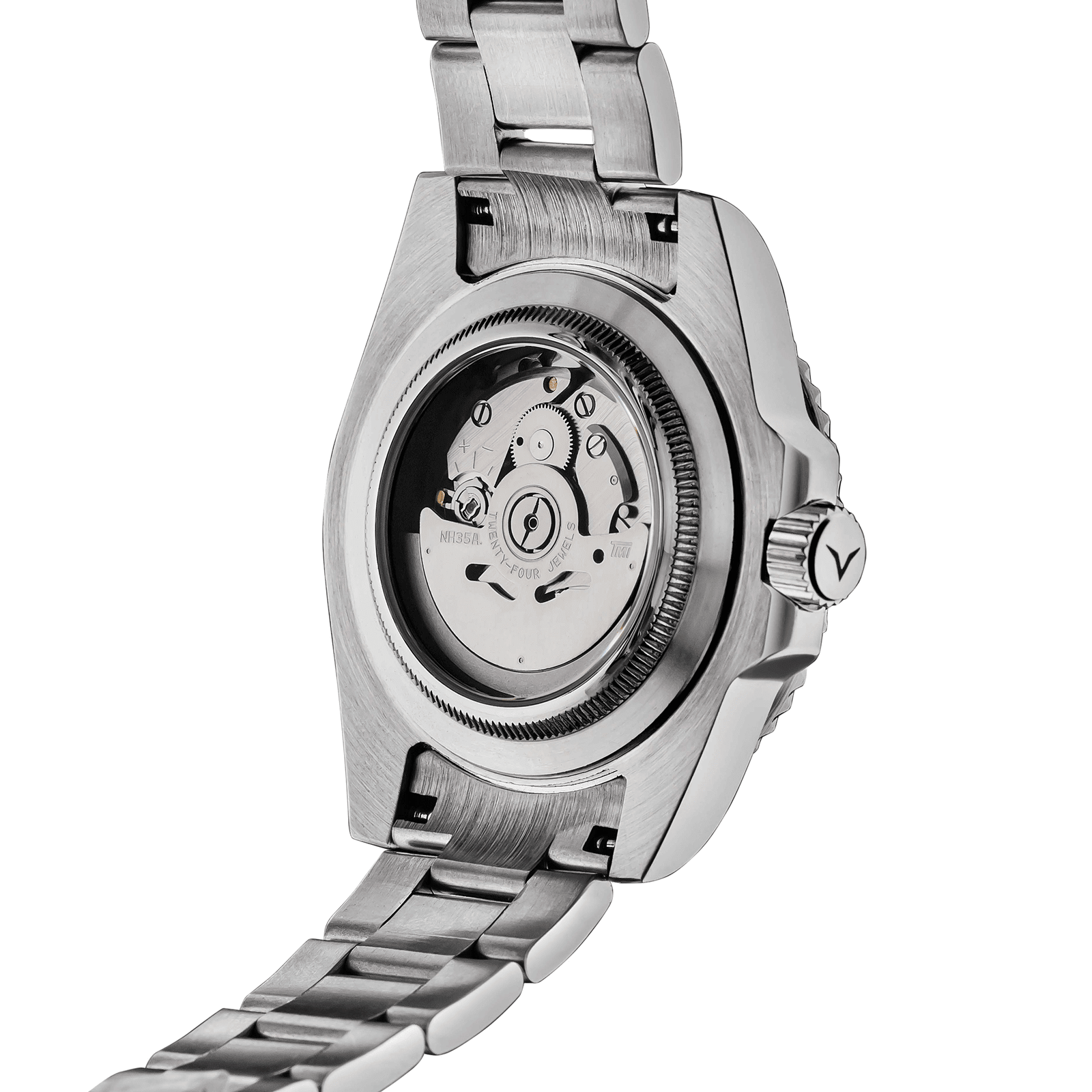 Silver watch with mechanical components on a white background
