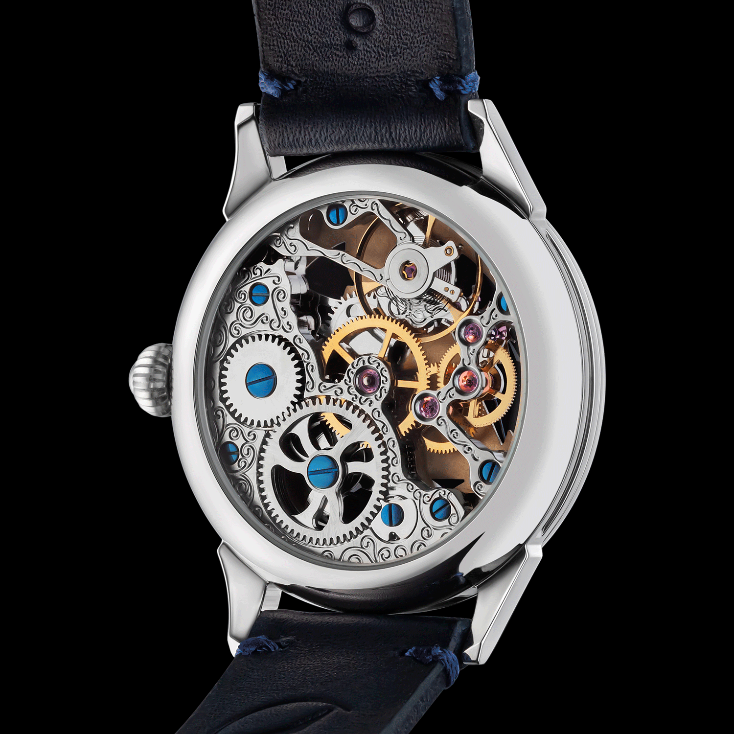 Mechanical watch with visible gears on a black background