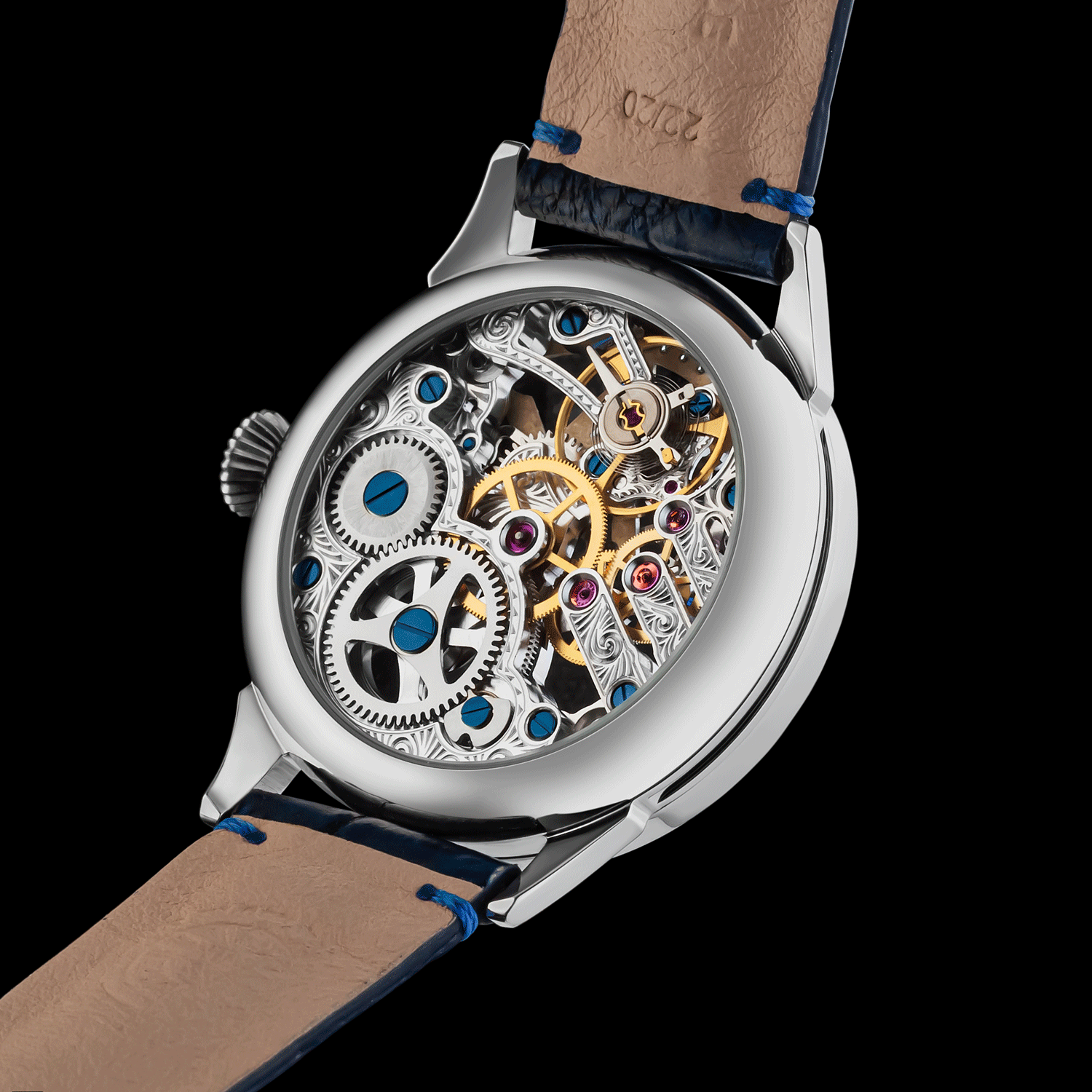 Mechanical watch with visible gears and a brown leather strap on a black background