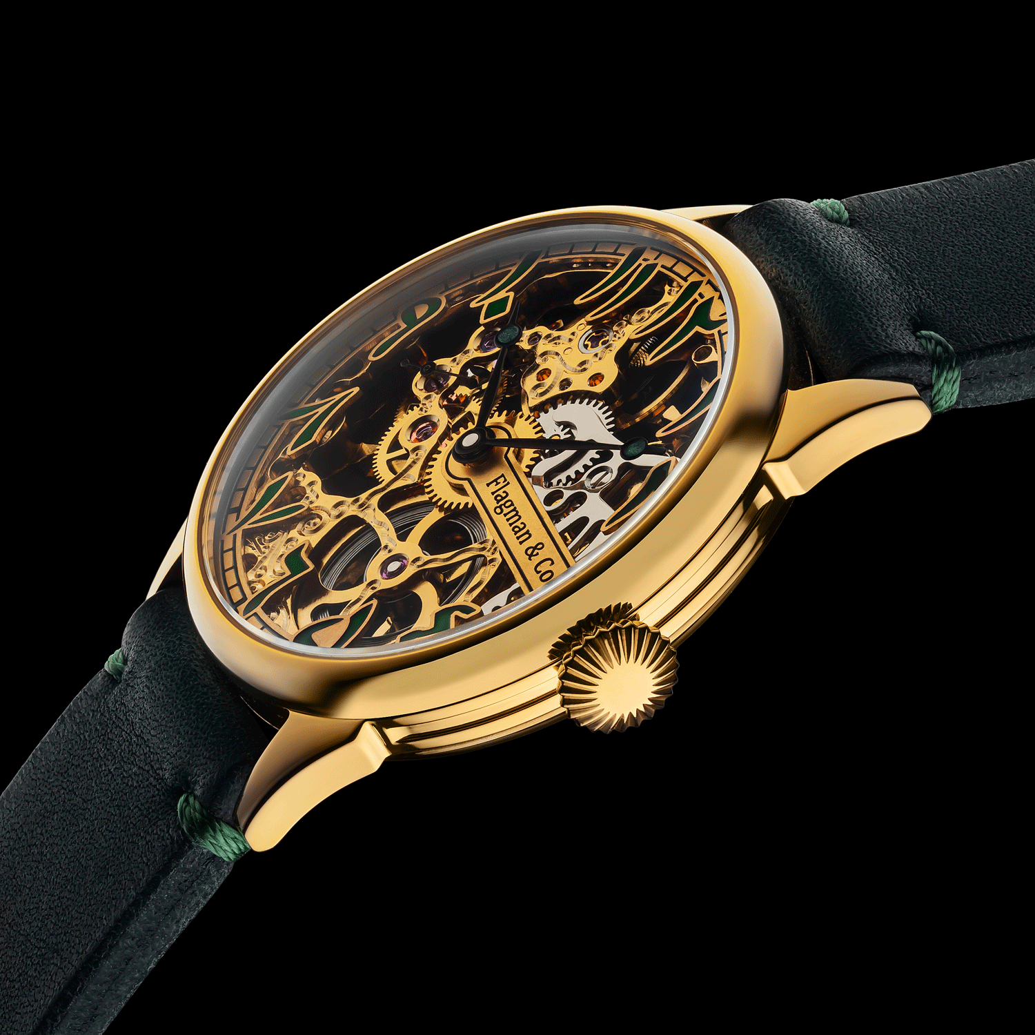 Front view detail of Masterpiece - Handmade watch - Arabic Emerald