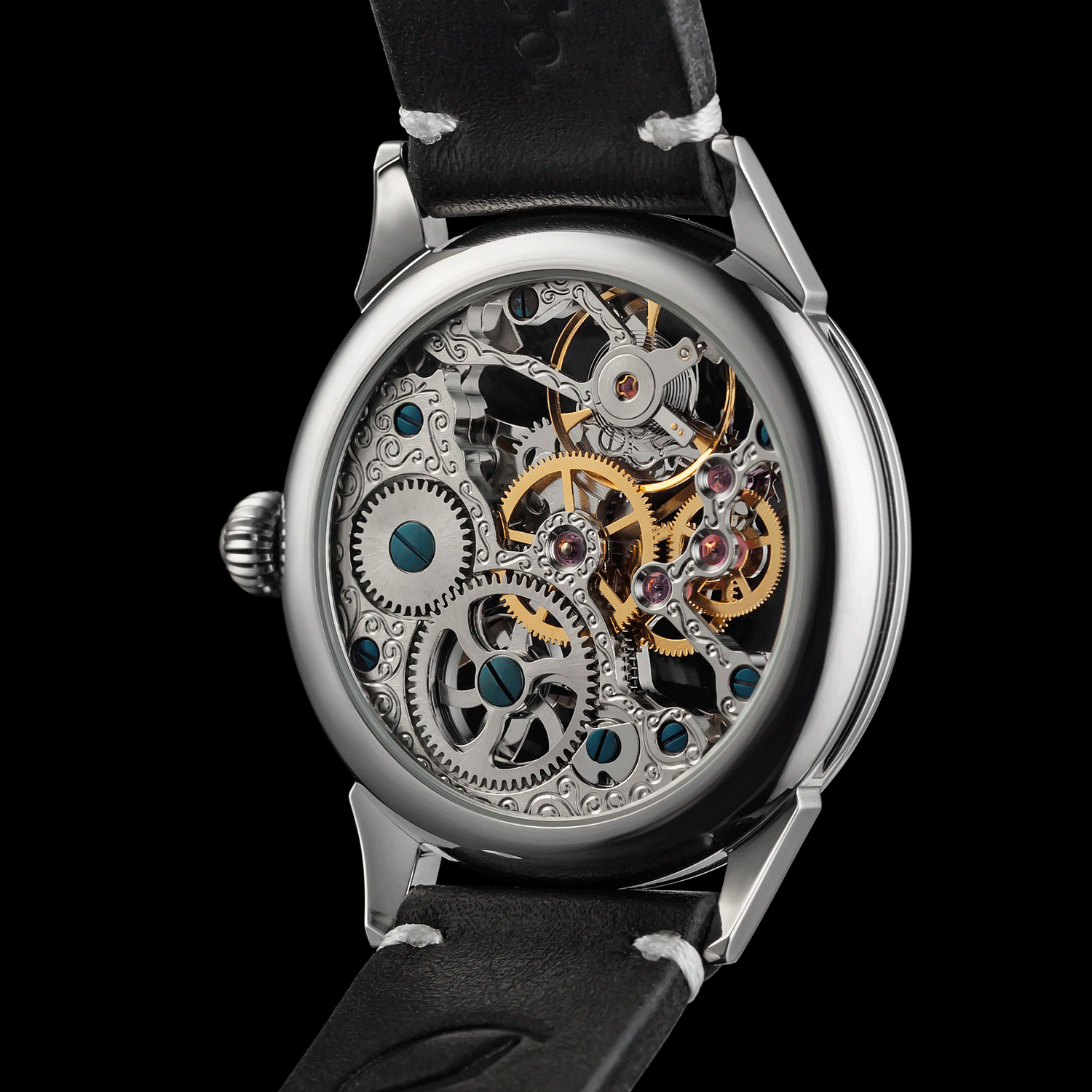 Rear view of steampunk watch  showing open caseback and movement