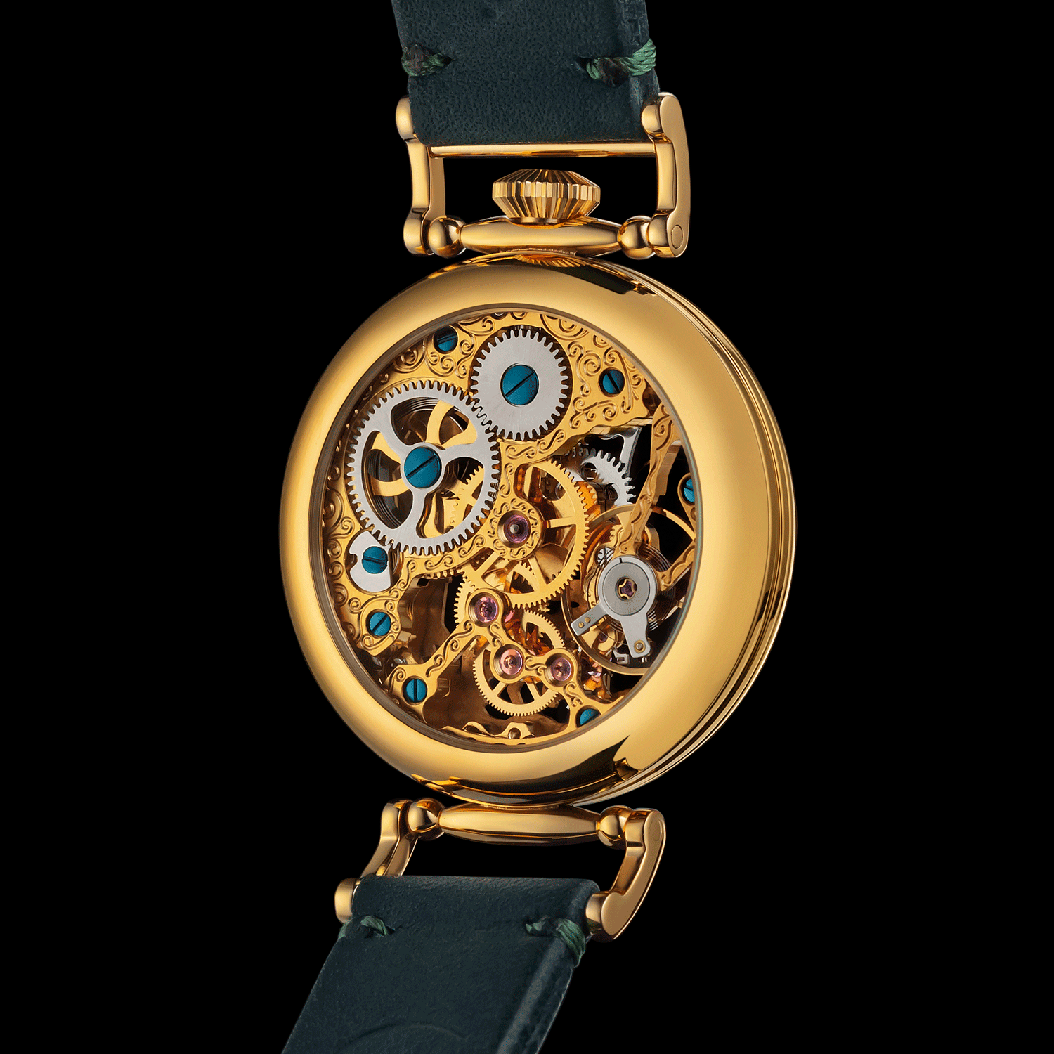 Rear view of Skeleton handmade watch showing open caseback and movement