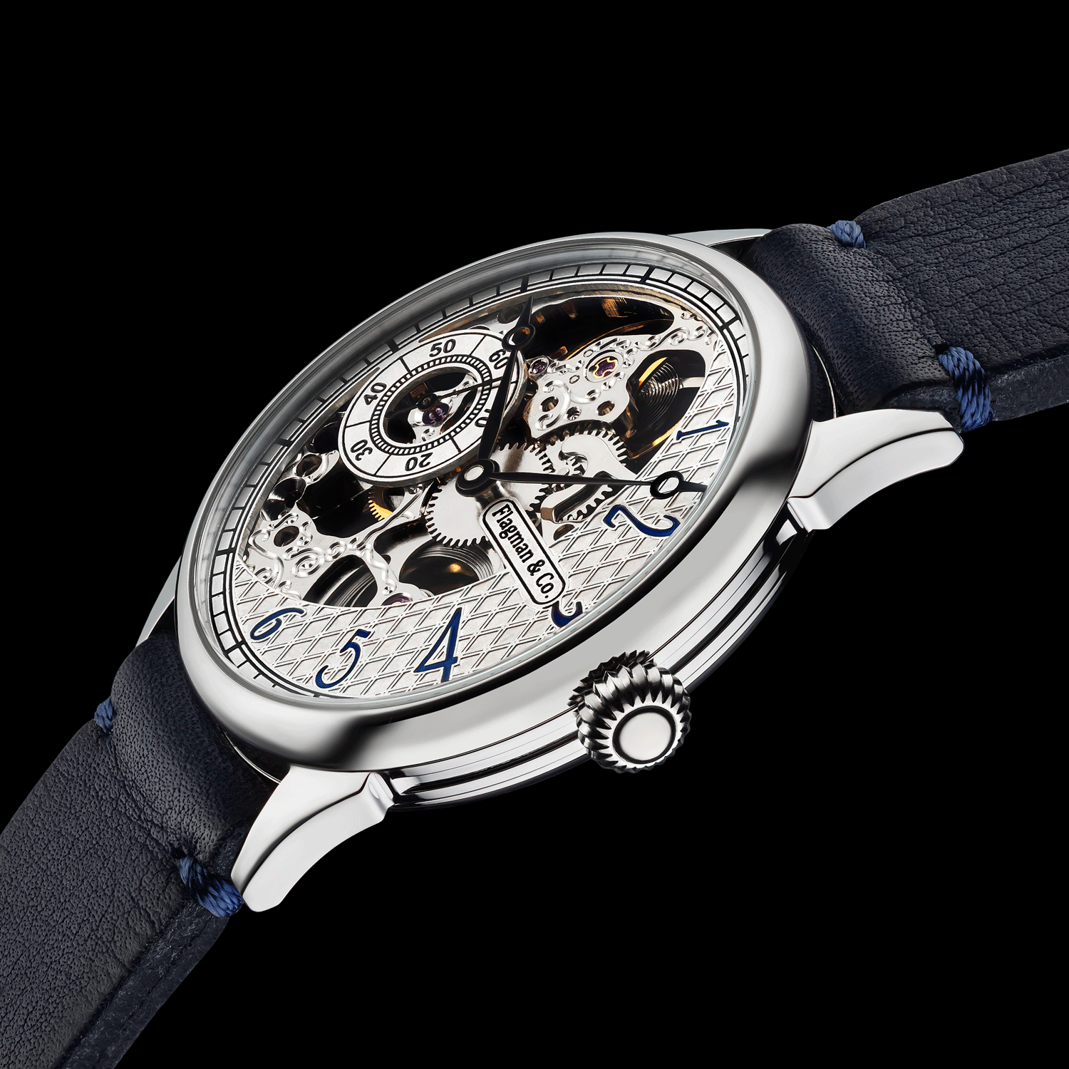 Front view detail of Iron Moon handmade skeleton watch