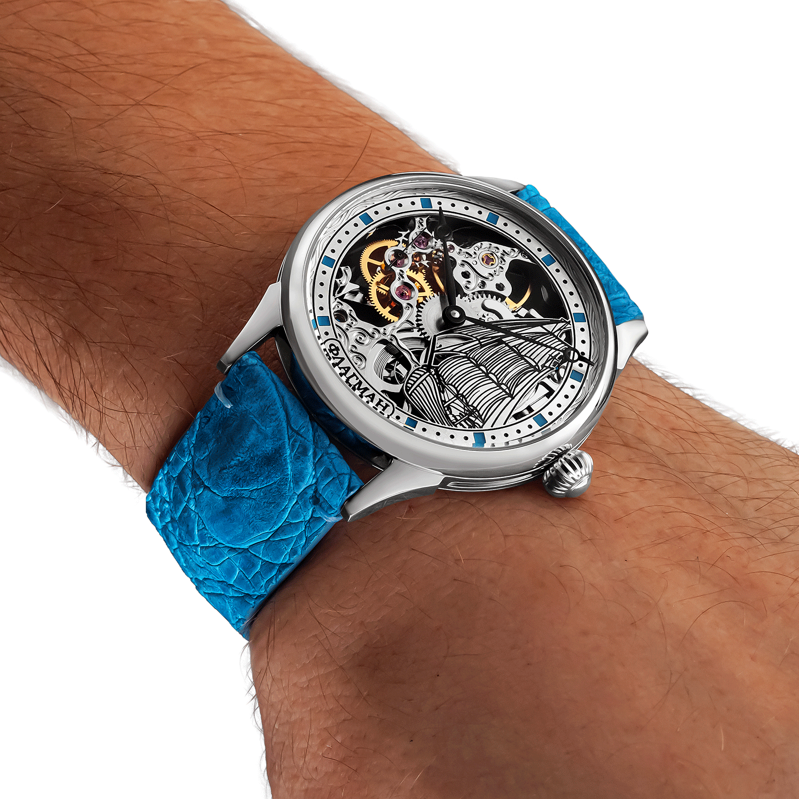 Skeleton handmade watch worn on wrist