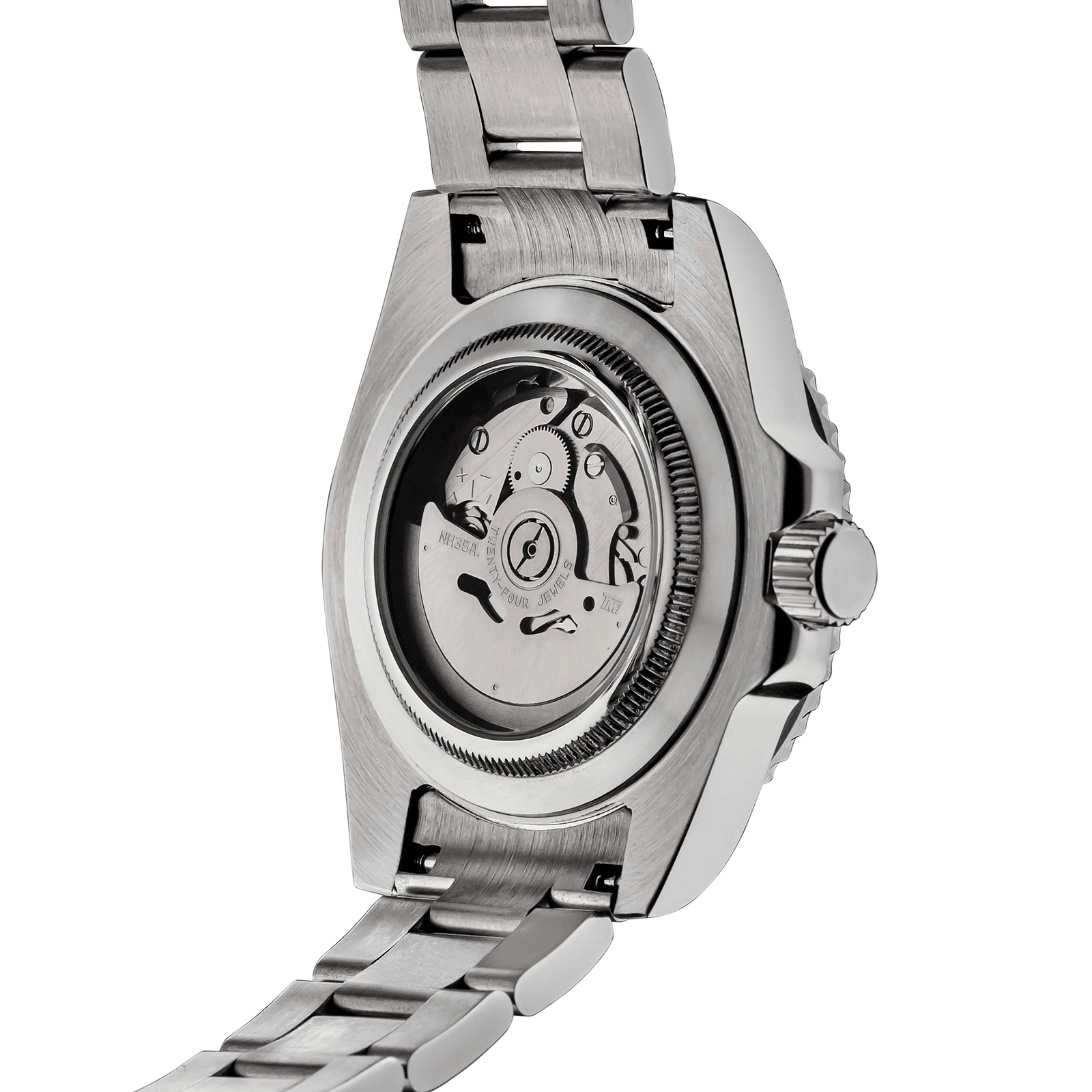 Silver watch with mechanical components on a white background