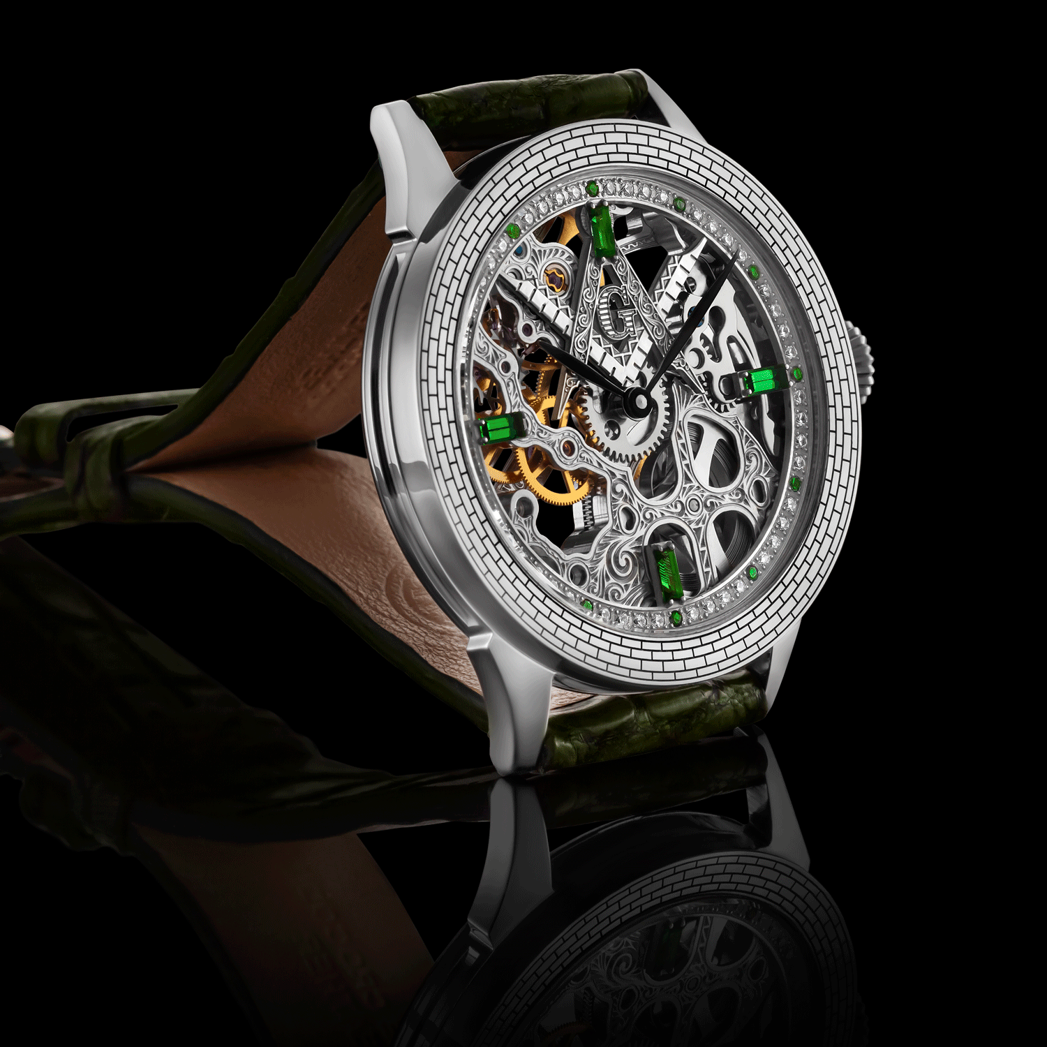 Front view detail of masonic handmade skeleton watch Mystery Emerald