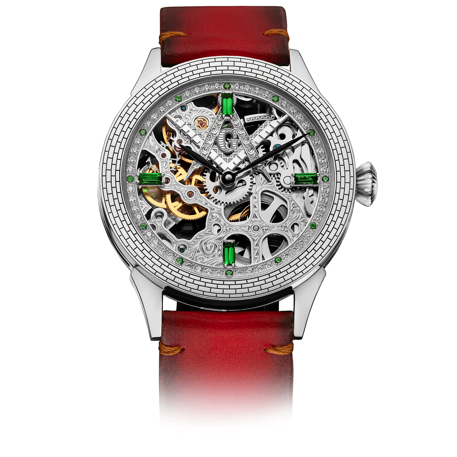 Red Leather Strap on Skeleton Watch Mystery Emerald #color_red