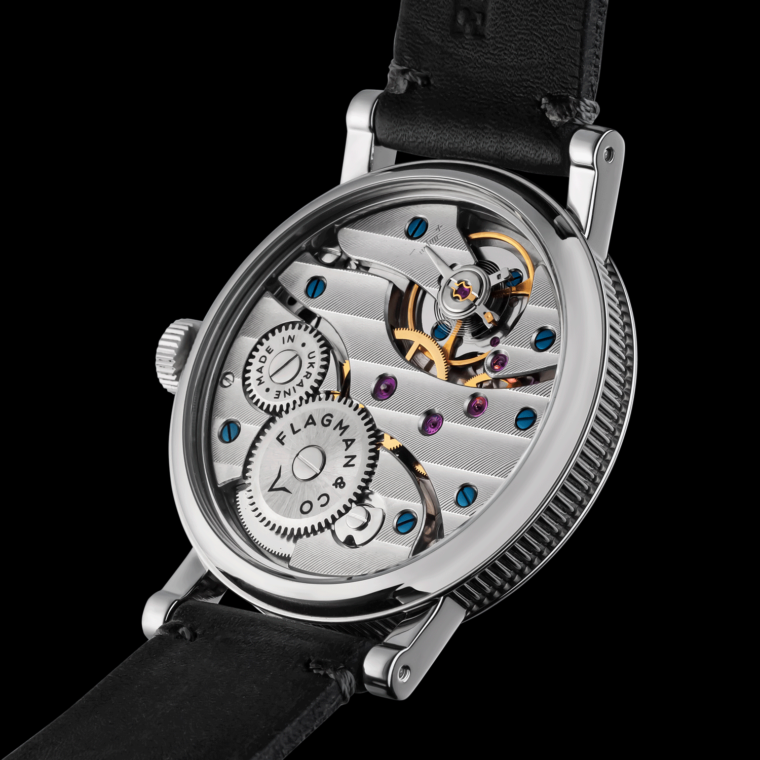 Mechanical watch with visible movement on a black background