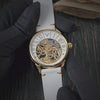 Promotional video of White Arc skeleton watch – close-up shots.