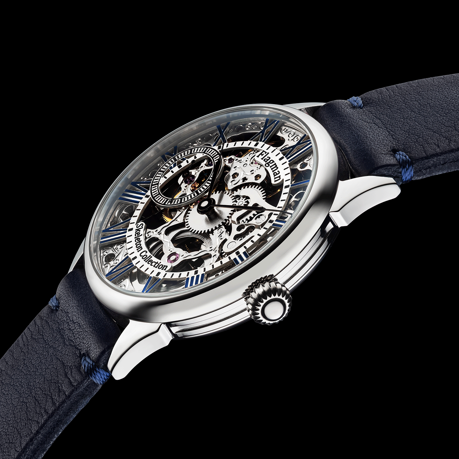 Close-up of handmade Pueblo leather watch strap, Blue color