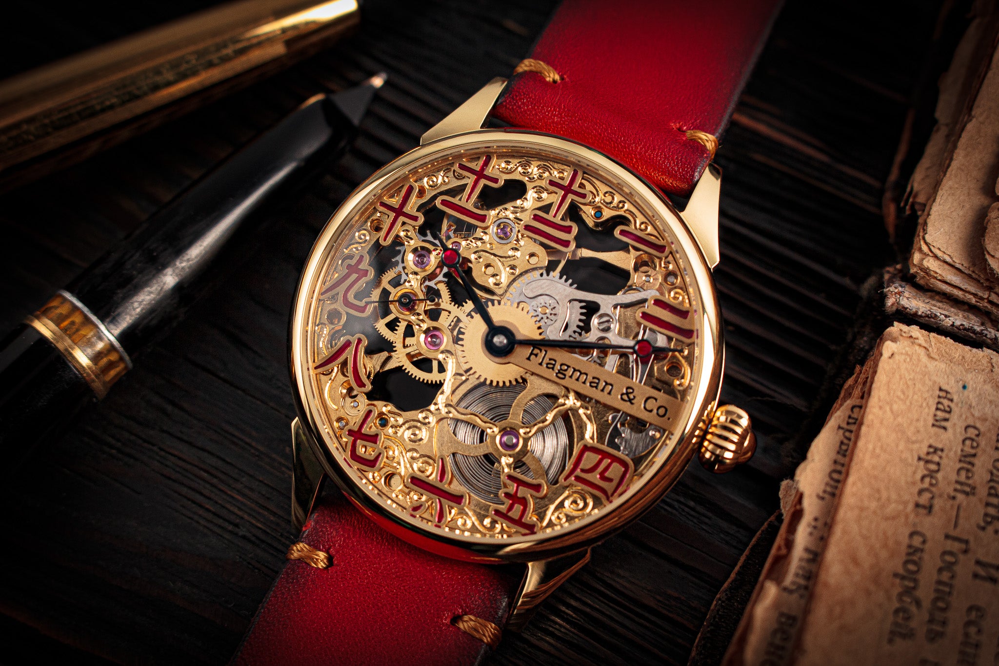 Red Handmade Pueblo Leather Strap on Mechanical Watch