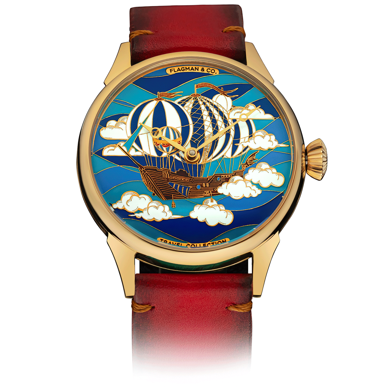 Luxury watch with artistic design of a hot air balloon and clouds on a blue background. #color_red
