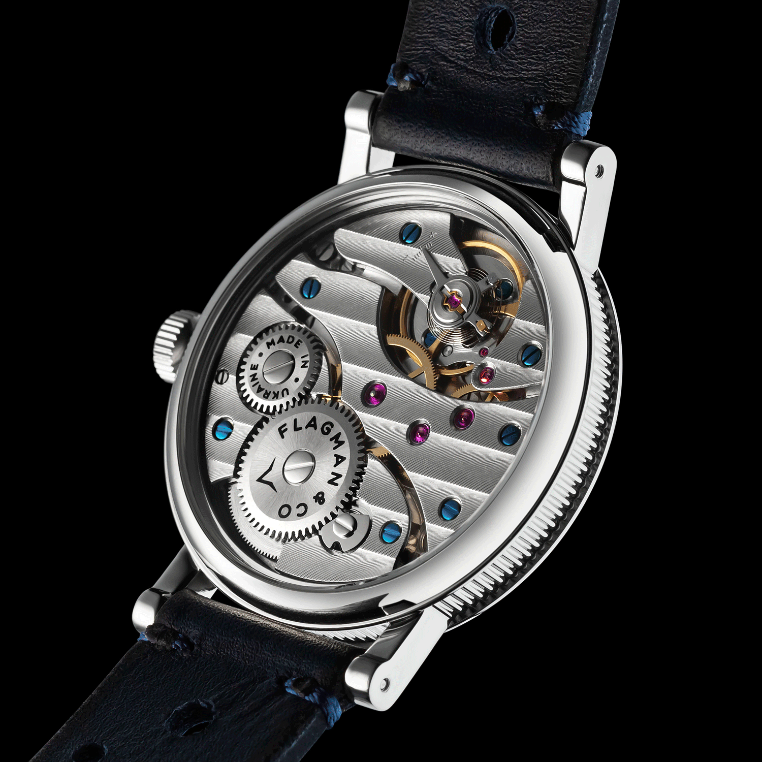 Rear view of Mens watch Regulator Blue showing open caseback and movement