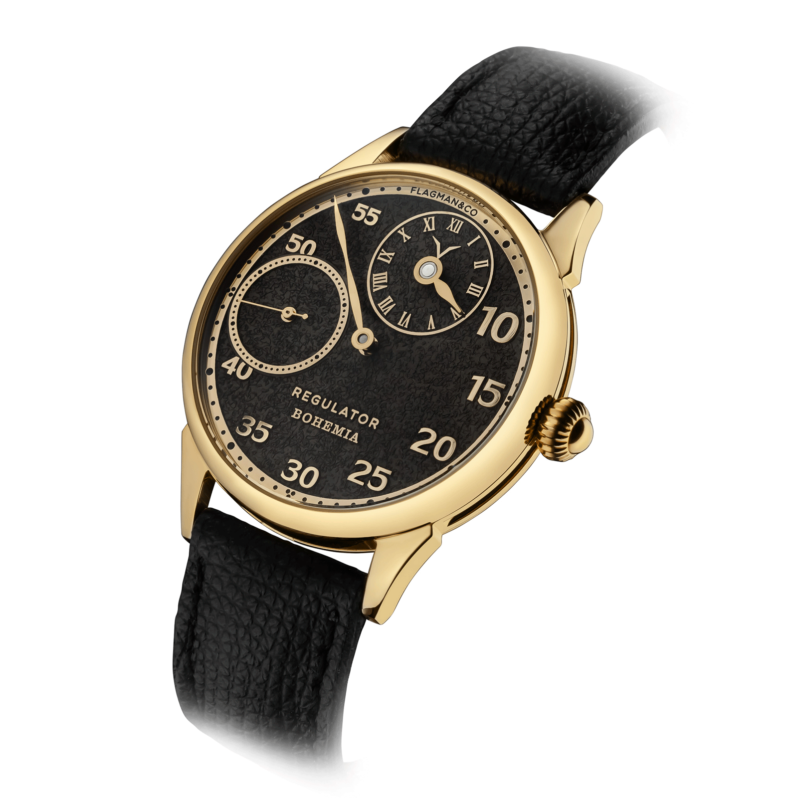 Front view of Luxury mens watch Regulator Bohemia with detailed gold-coated dial