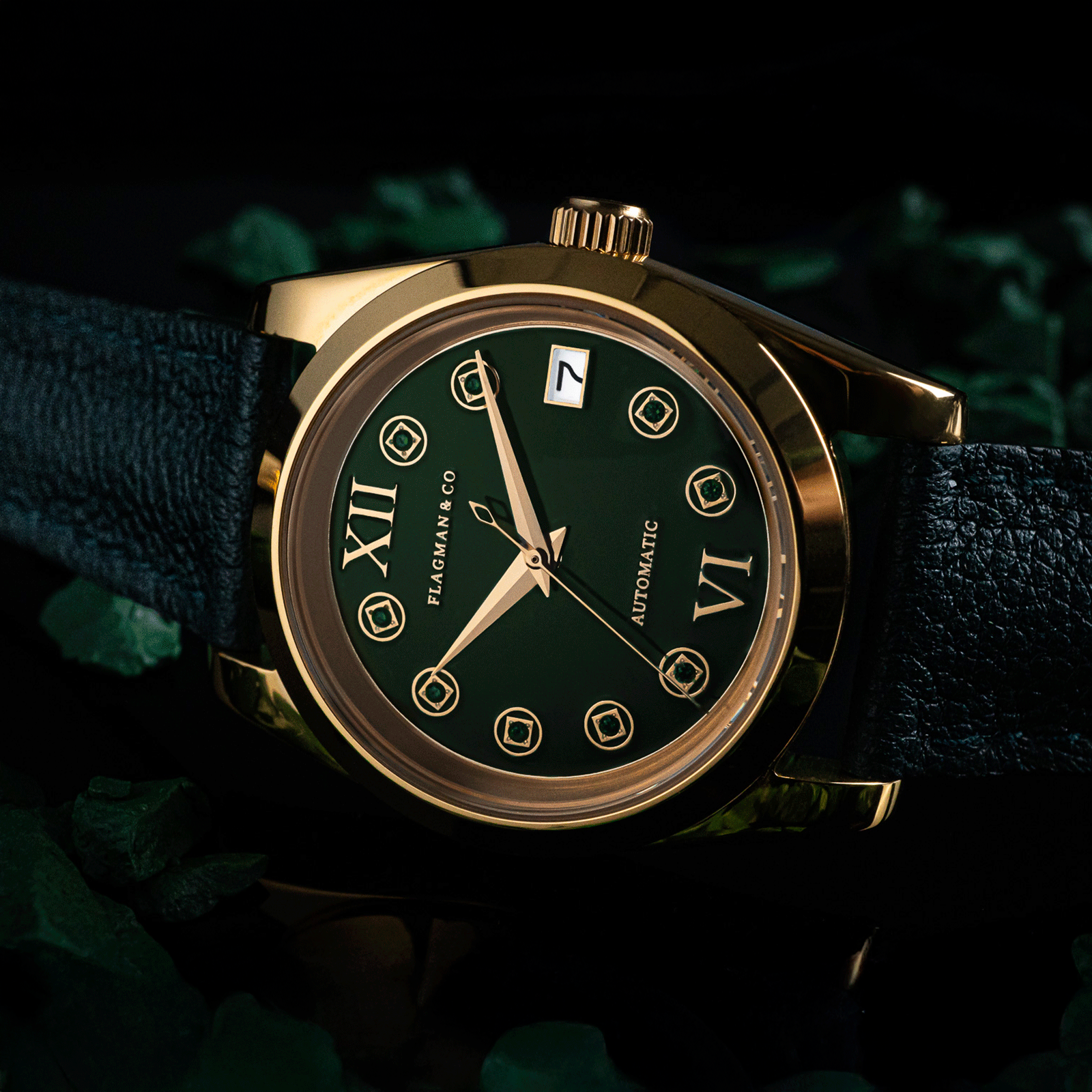 Green Safian handmade leather strap on Automatic Mechanical Watch